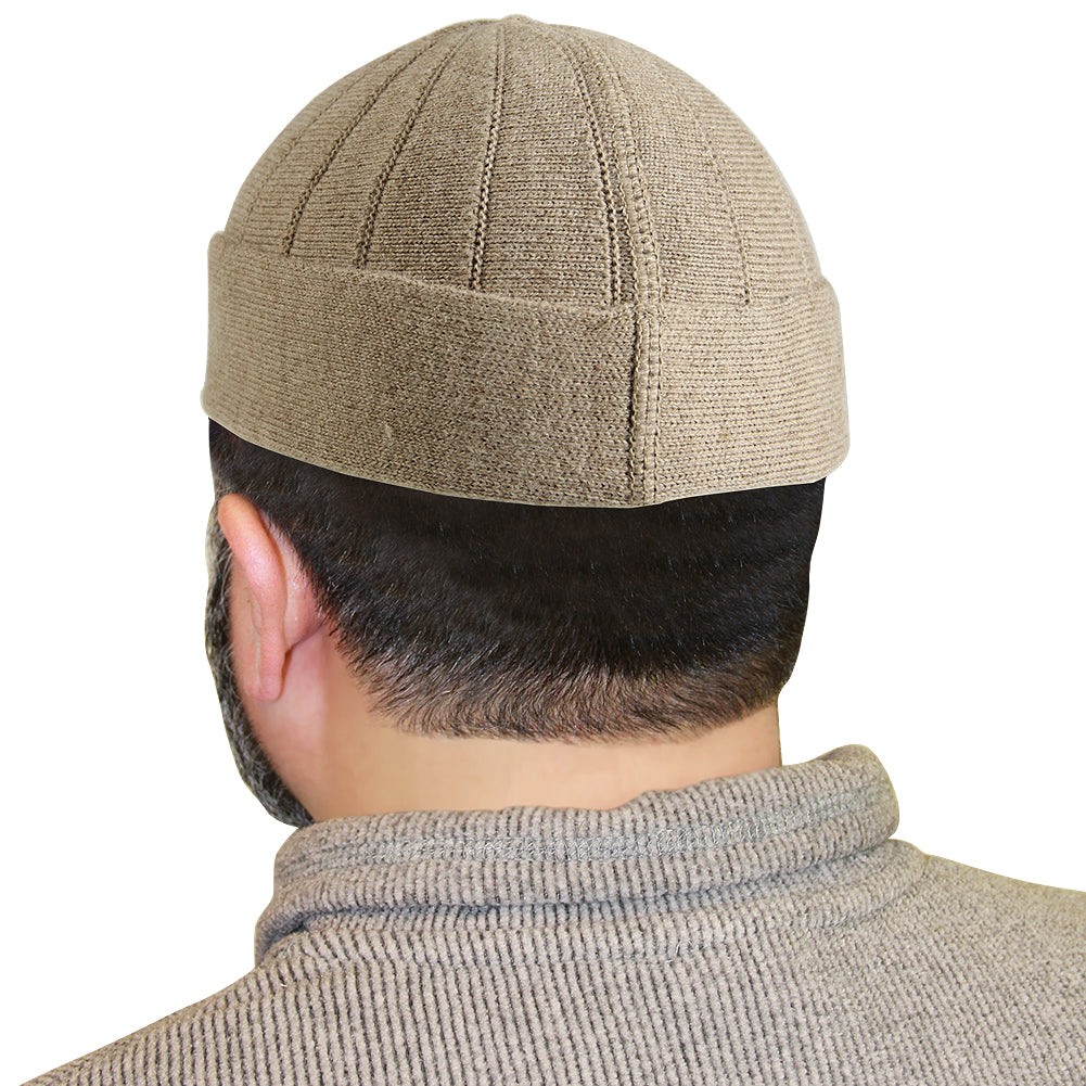 Beige Mens Prayer Cap Kufi Hat Beanie with Vertical Seams - Hijaz