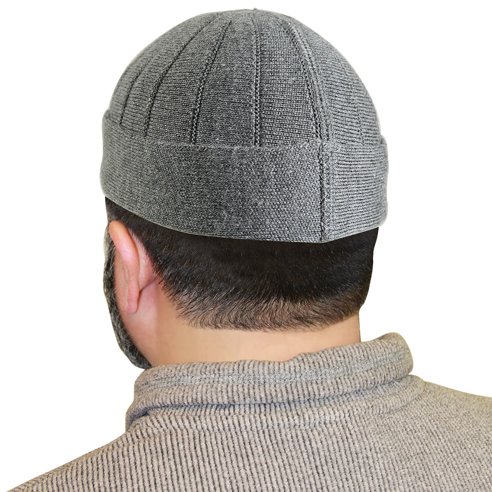 Gray Mens Prayer Kufi Cap Hat Beanie with Vertical Seams - Hijaz