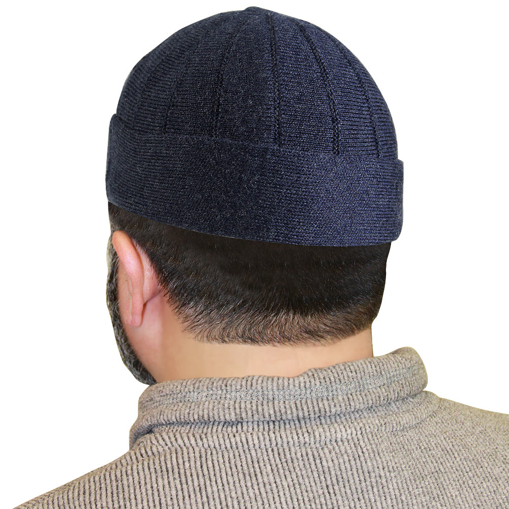 Navy Blue Mens Prayer Kufi Cap Hat Beanie with Vertical Seams - Hijaz