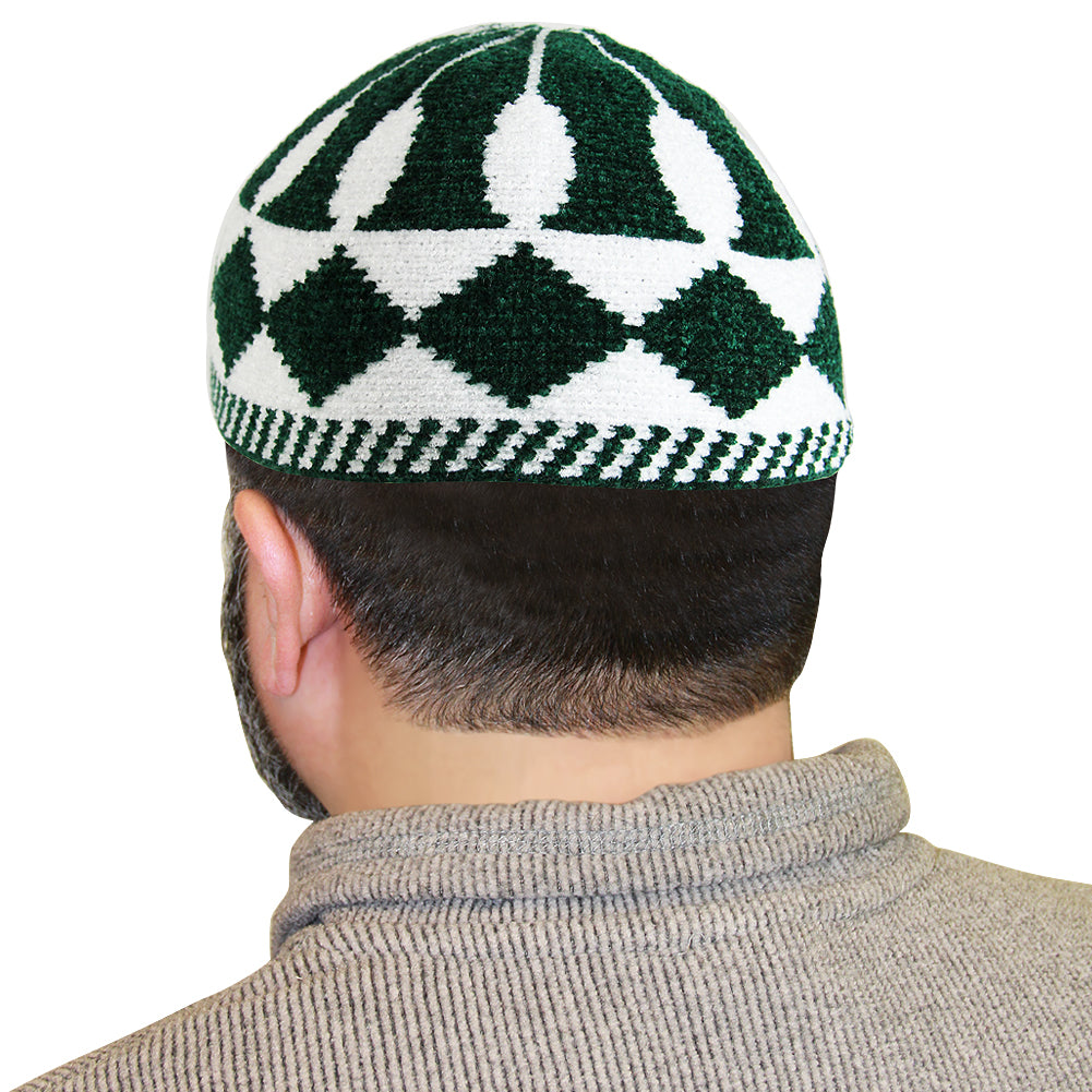 Green and White Mens Prayer Kufi Cap Hat with Diamond Patterns - Hijaz