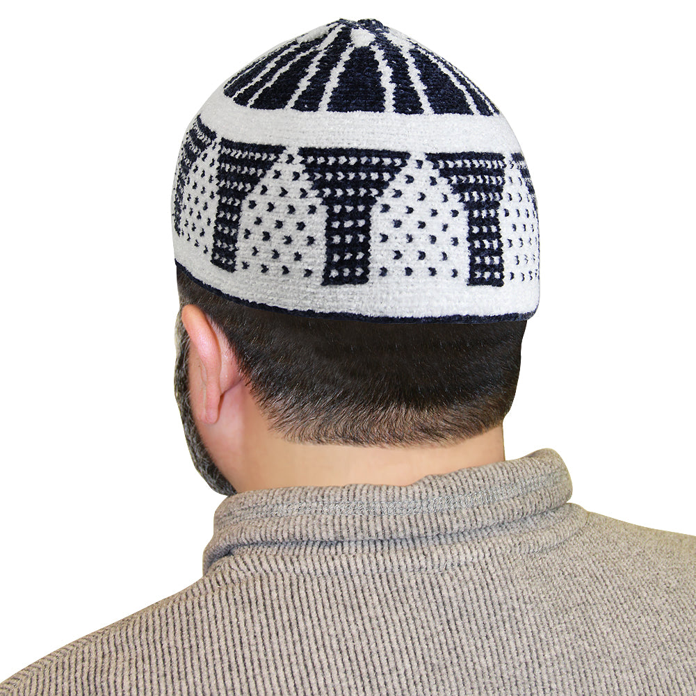 Navy Blue & White Mens Prayer Kufi Cap Hat With Pillar & Archway Designs - Hijaz