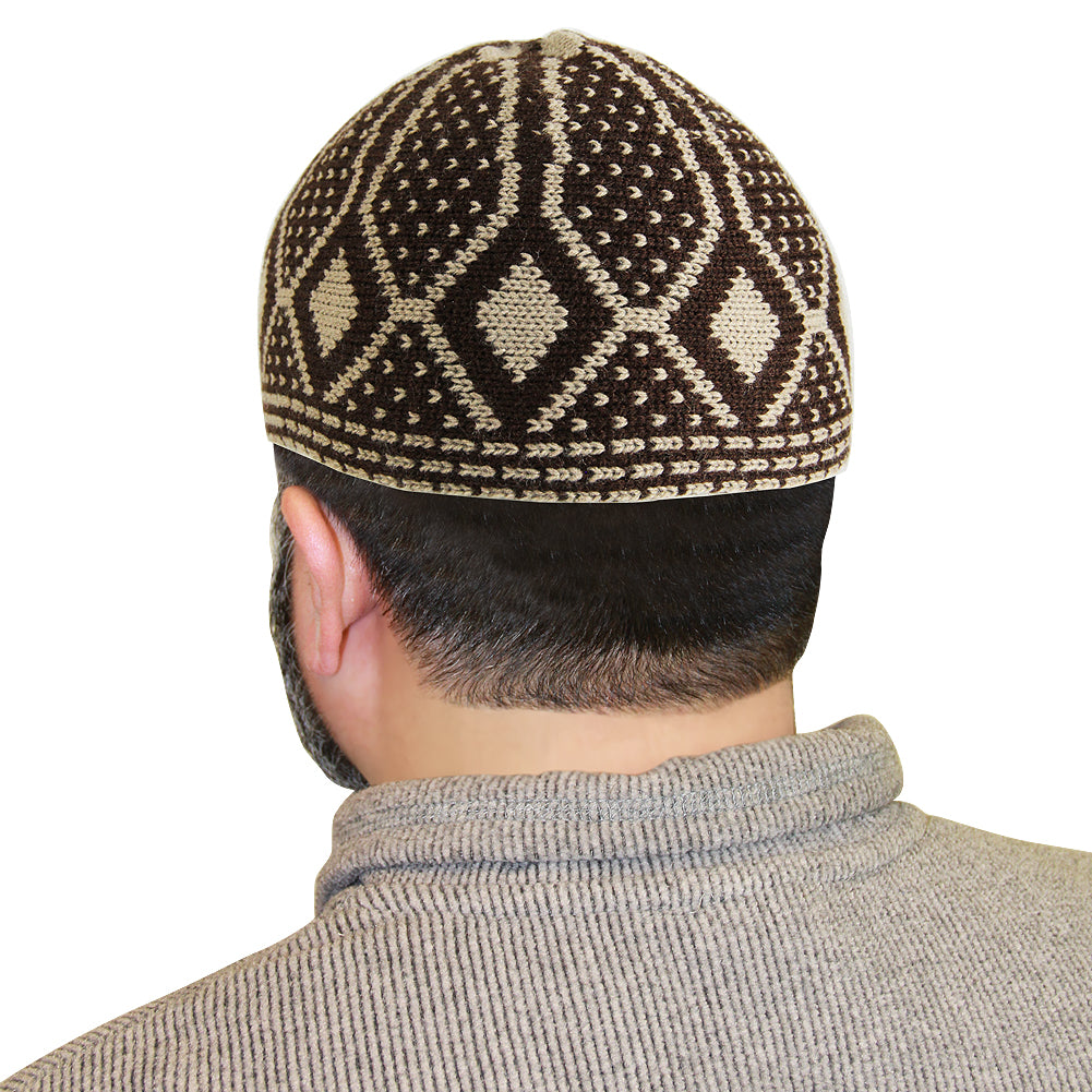 Dark Brown Mens Prayer Kufi Cap Hat with Light Brown Diamond Patterns - Hijaz