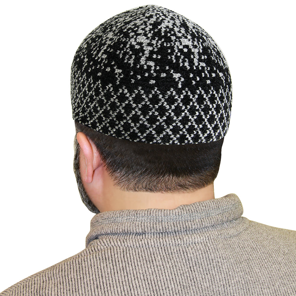 Black and Gray Snow Pixel Camo Mens Prayer Kufi Cap Hat Beanie with Diamond Stitch Pattern - Hijaz