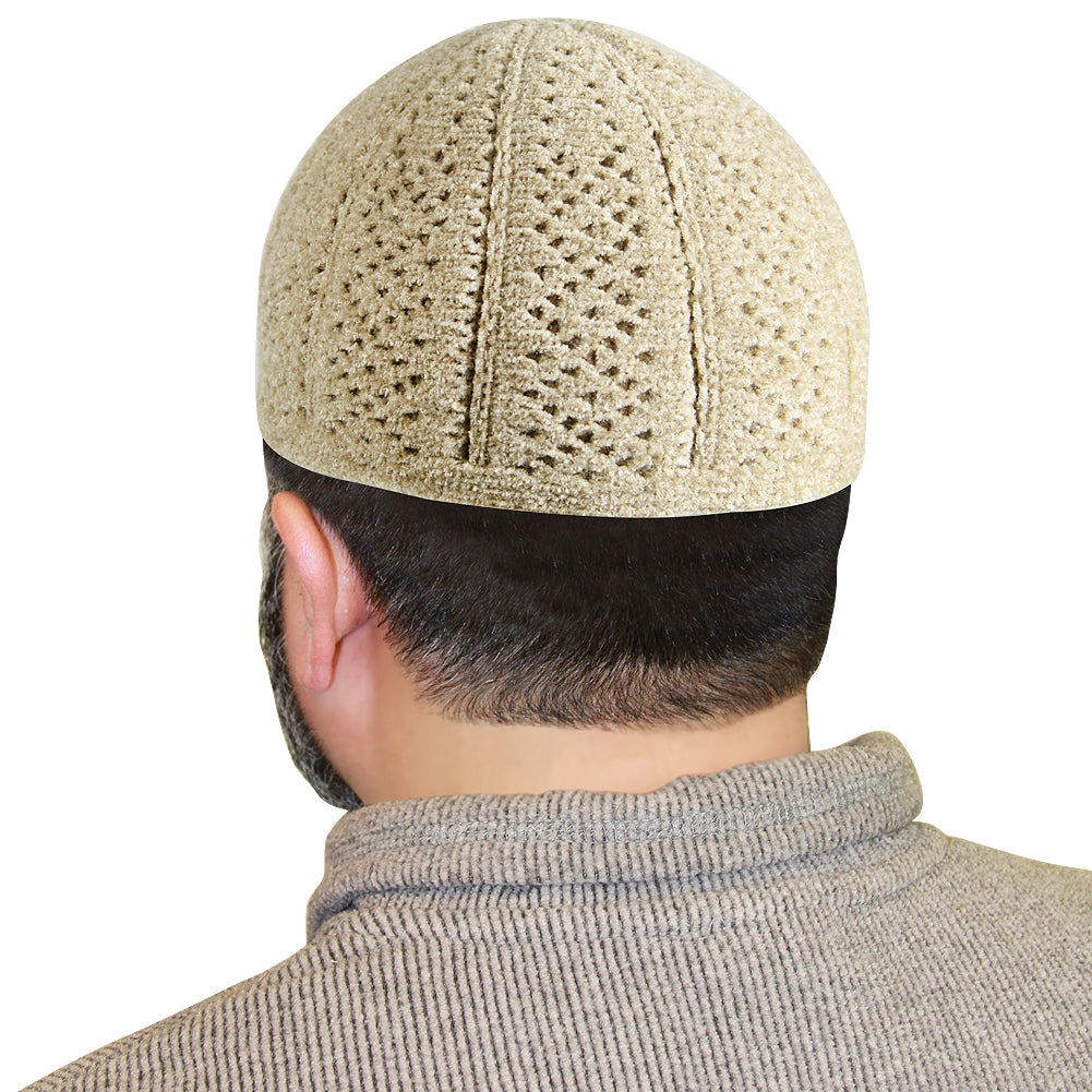 Beige Prayer Cap Mens Kufi Hat with Vertical Seams and Stitch Patterns - Hijaz