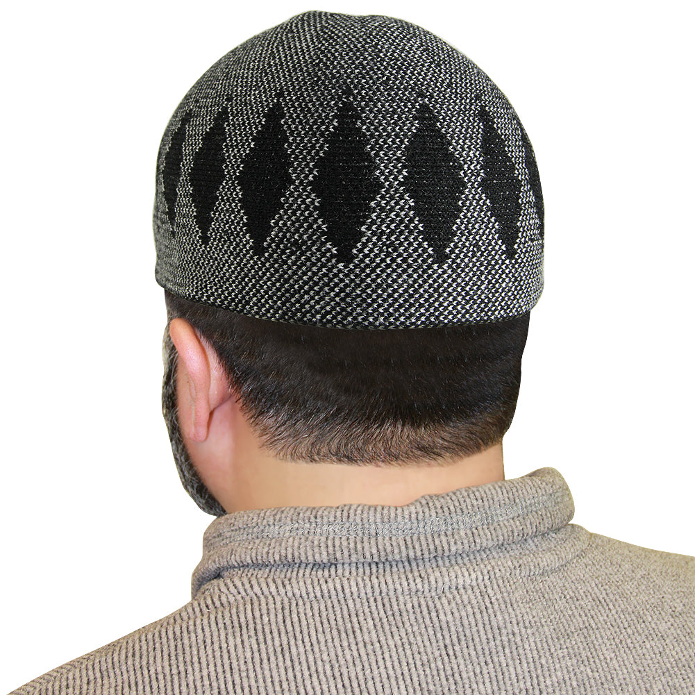 Gray Mens Prayer Cap Kufi Hat with Black Diamond Stitch Pattern - Hijaz