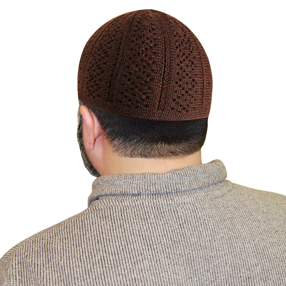 Dark Brown Knit Mens Prayer Cap Kufi Hat - Hijaz