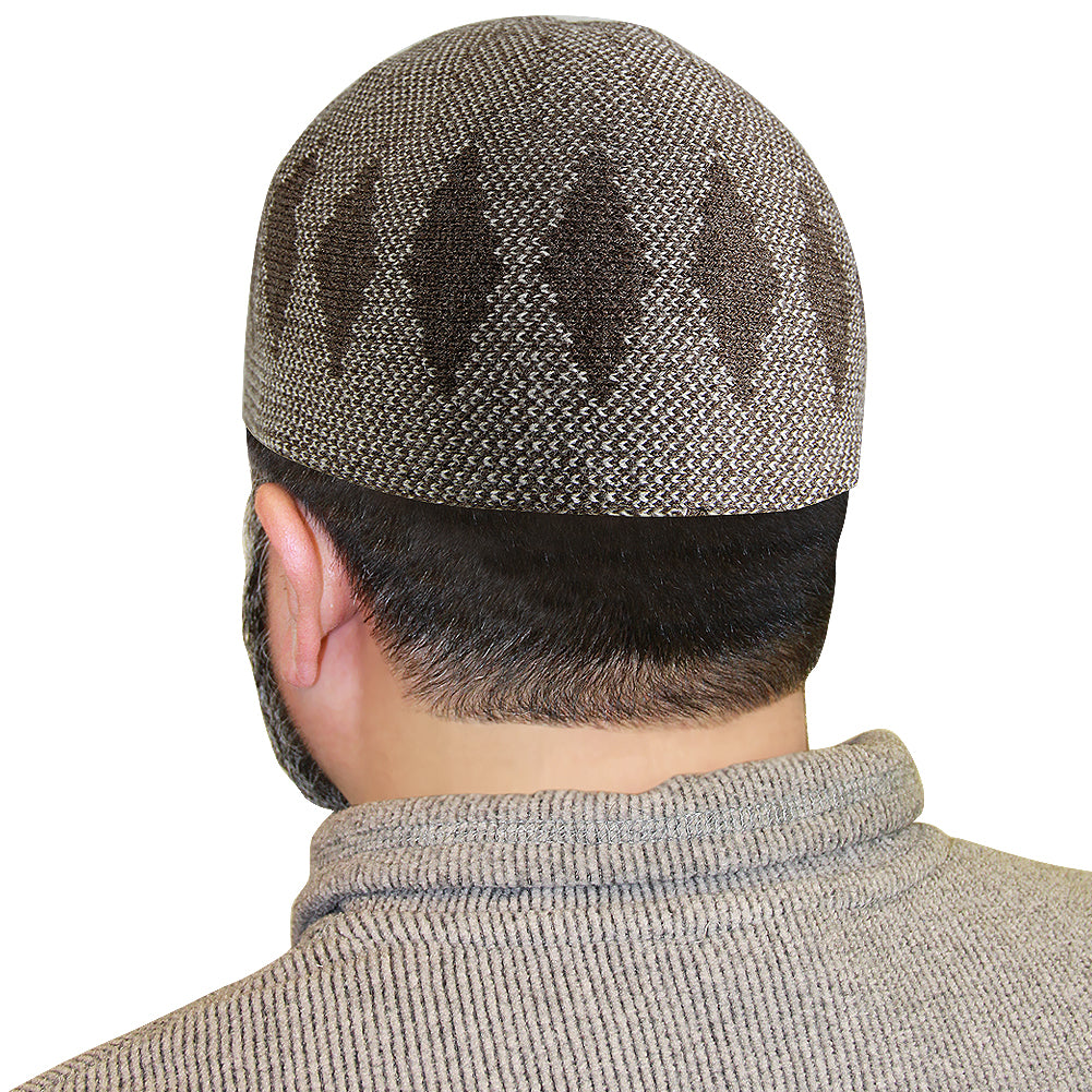 Light Brown Mens Prayer Cap Kufi Hat with Brown Diamond Stitch Pattern - Hijaz