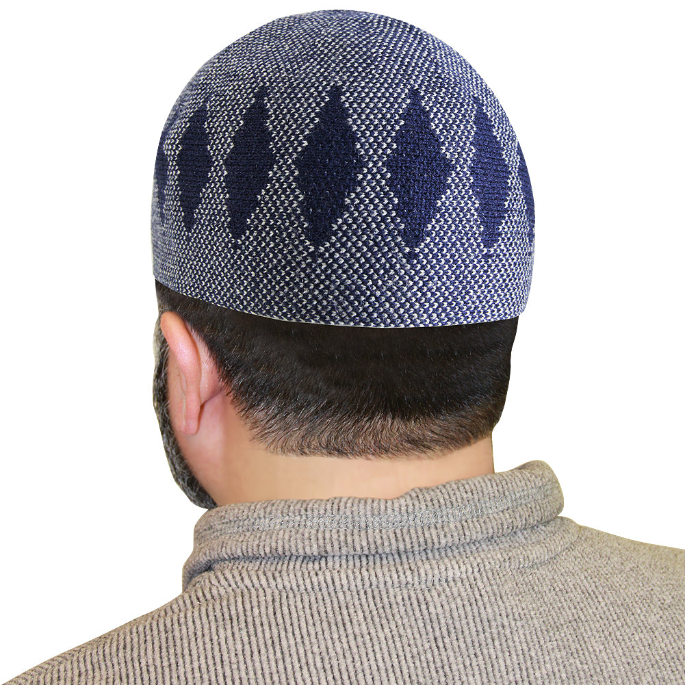 Blue Mens Prayer Cap KufiHat with Diamond Stitch Pattern - Hijaz