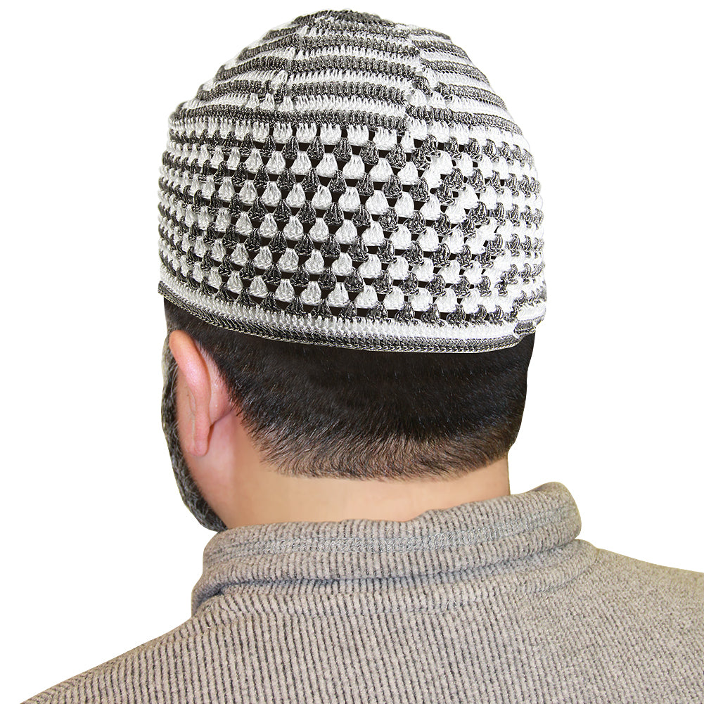 White and Gray Multi pattern Mens Prayer Cap Kufi Hat - Hijaz