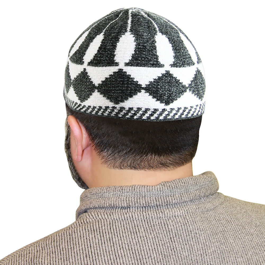 White and Gray Mens Kufi Prayer Cap Hat with Diamond Pattern - Hijaz