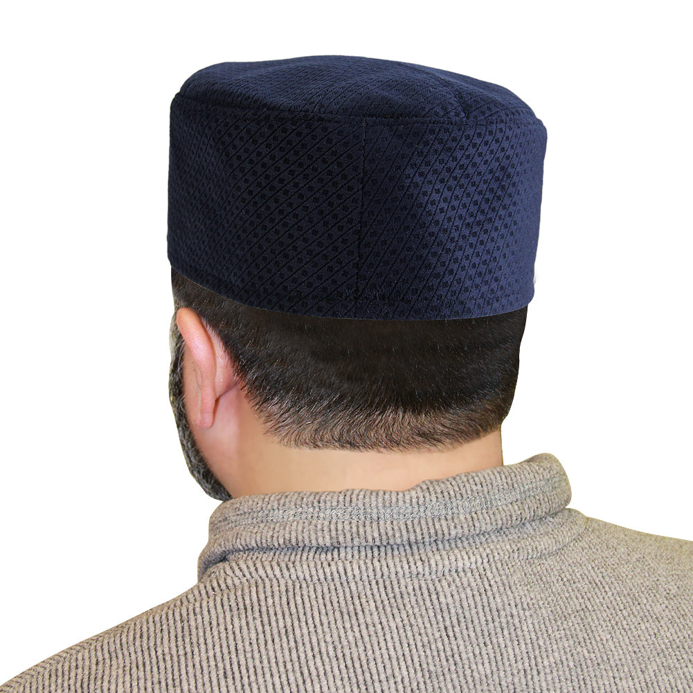 Navy Blue Soft Suede Crown Mens Prayer Cap Kufi Hat - Hijaz