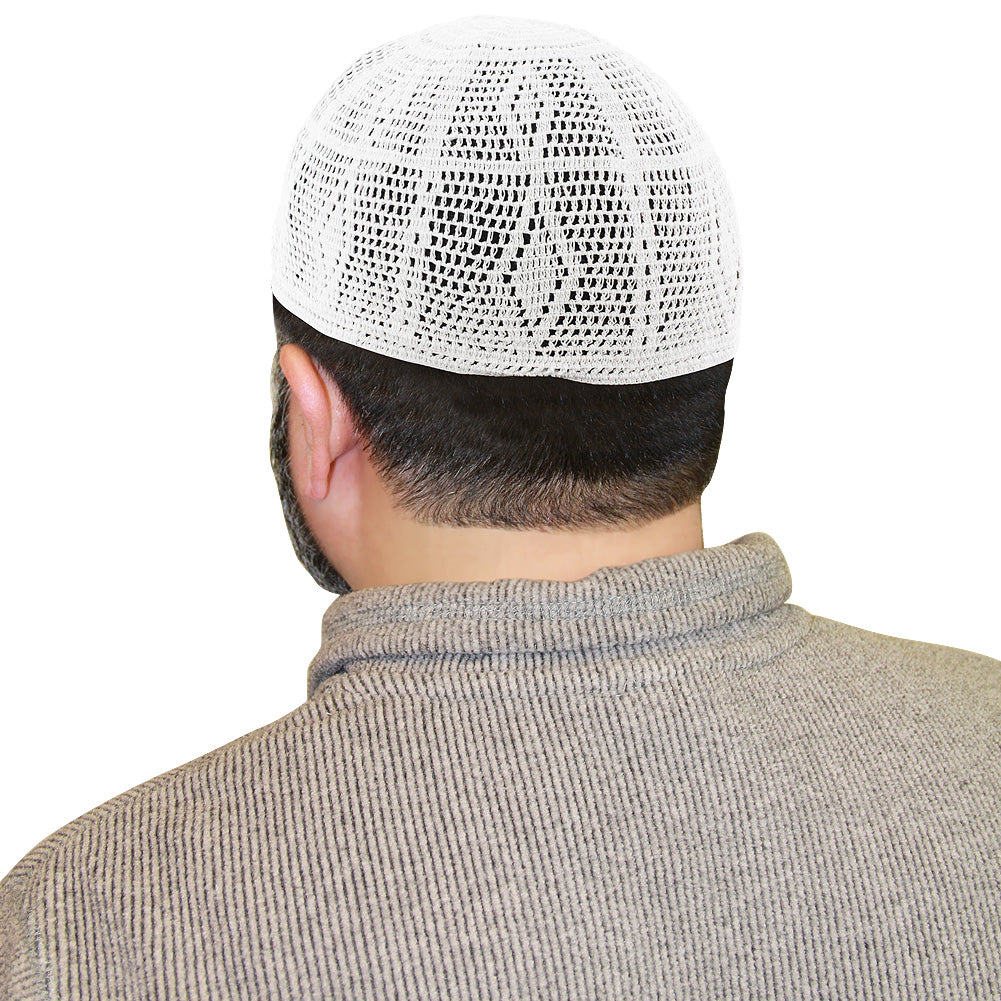 Cotton White Knit Diamond Shape Mens Prayer Kufi Hat Circumference - Hijaz