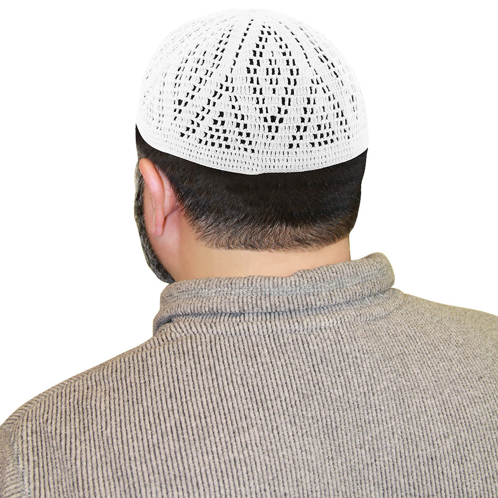 Cotton White Knit Diamond Design Mens Prayer Kufi Hat Circumference - Hijaz