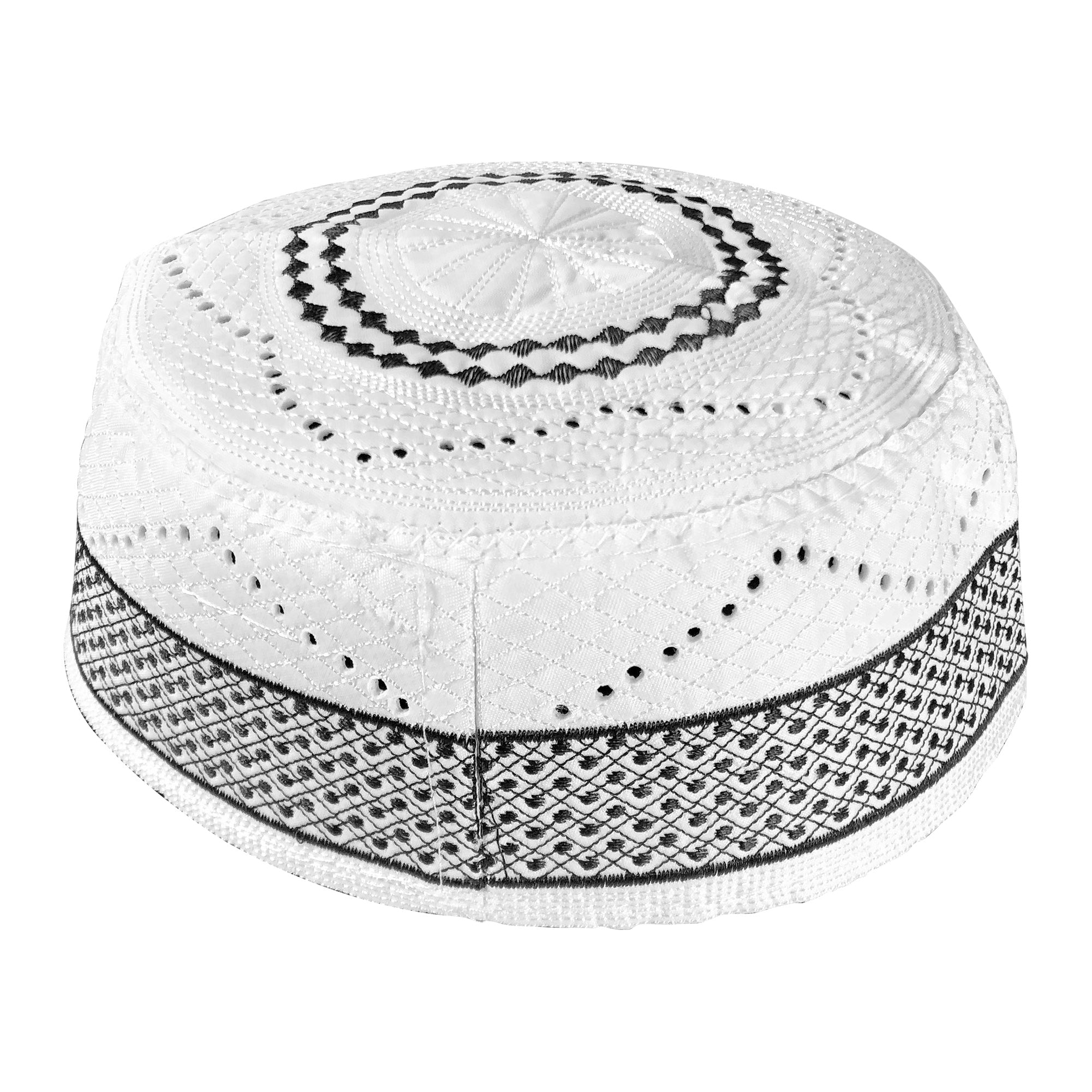 Diamond Border Embroidered White Minimalist Design Hard Kufi Hat - Hijaz