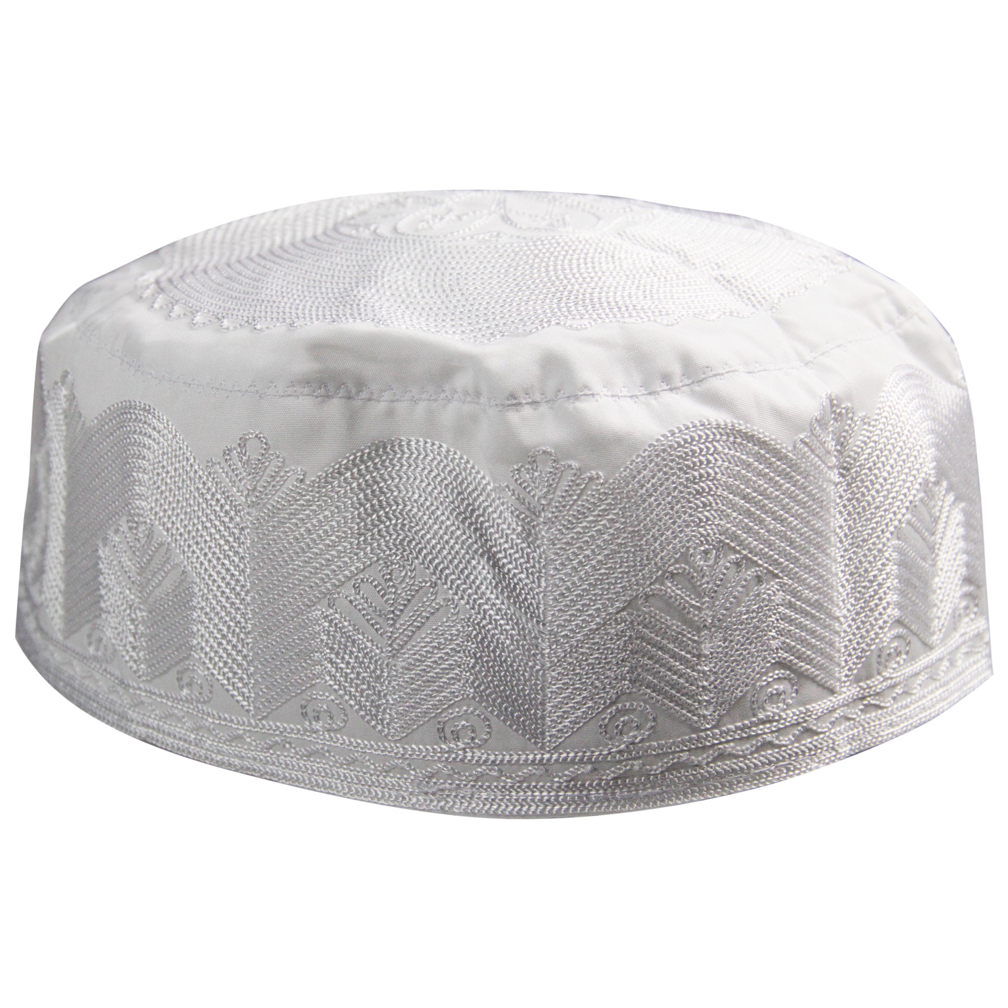 Mens Wave Design Kufi Hat White Embroidered Cap Middle East Headwear - Hijaz