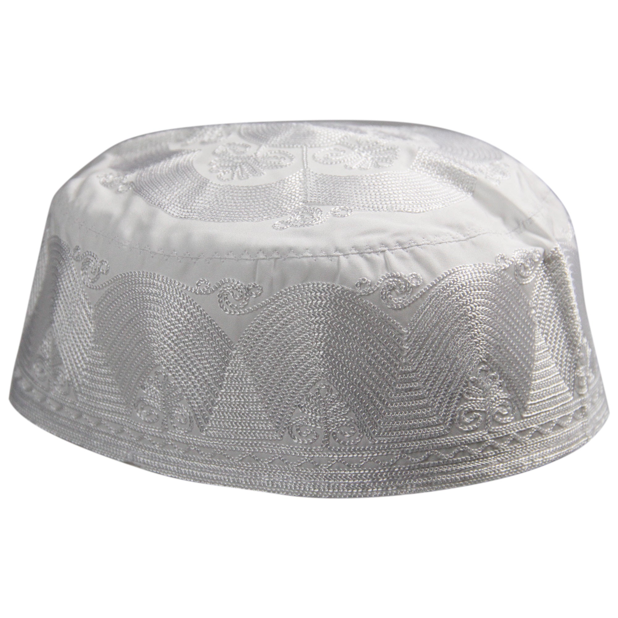 Mens Palm Design Kufi Hat White Embroidered Cap Middle East Headwear - Hijaz