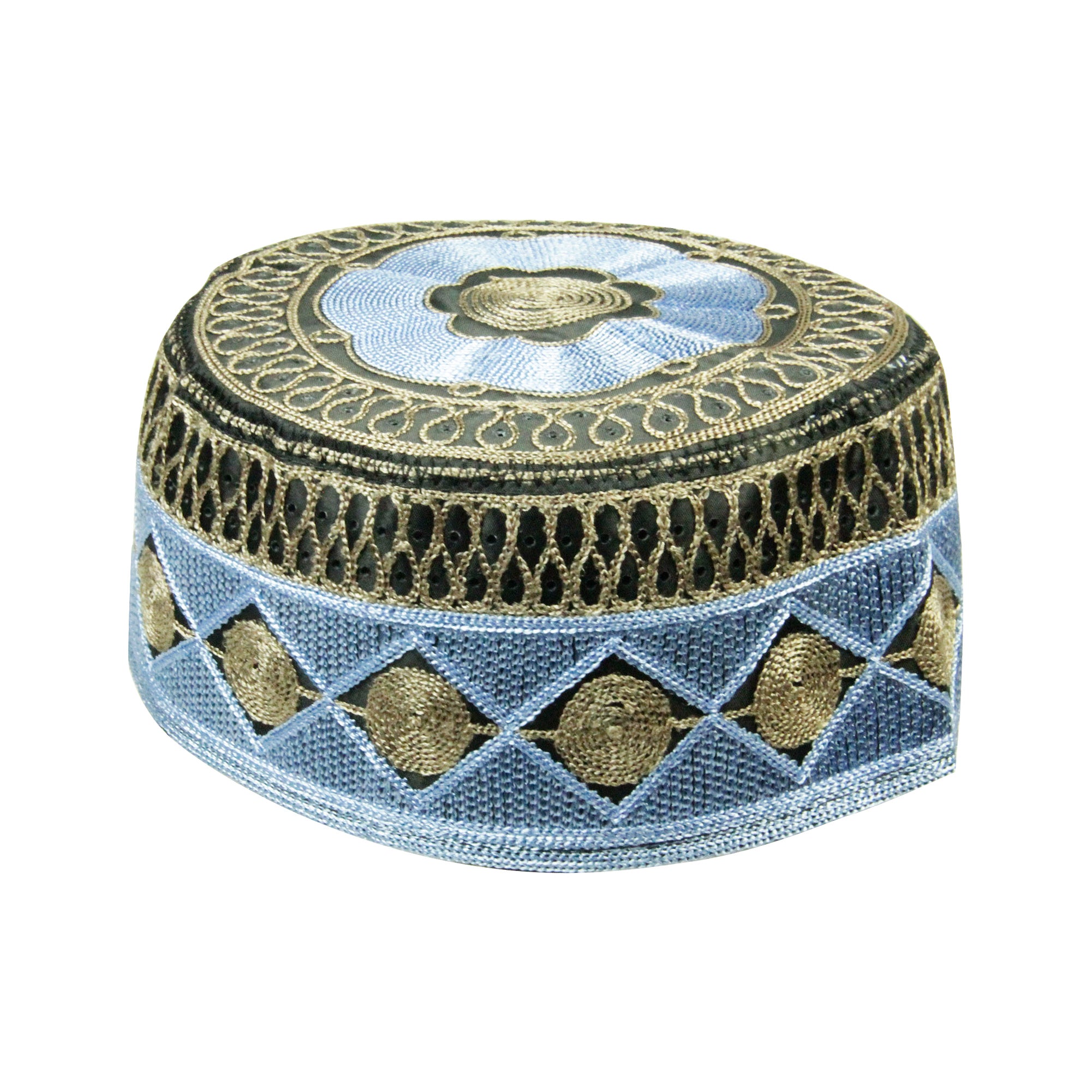 Blue and Brown Men's Hard Embroidered Kufi Skull Cap Topi with Diamond Border-22.5 - Hijaz