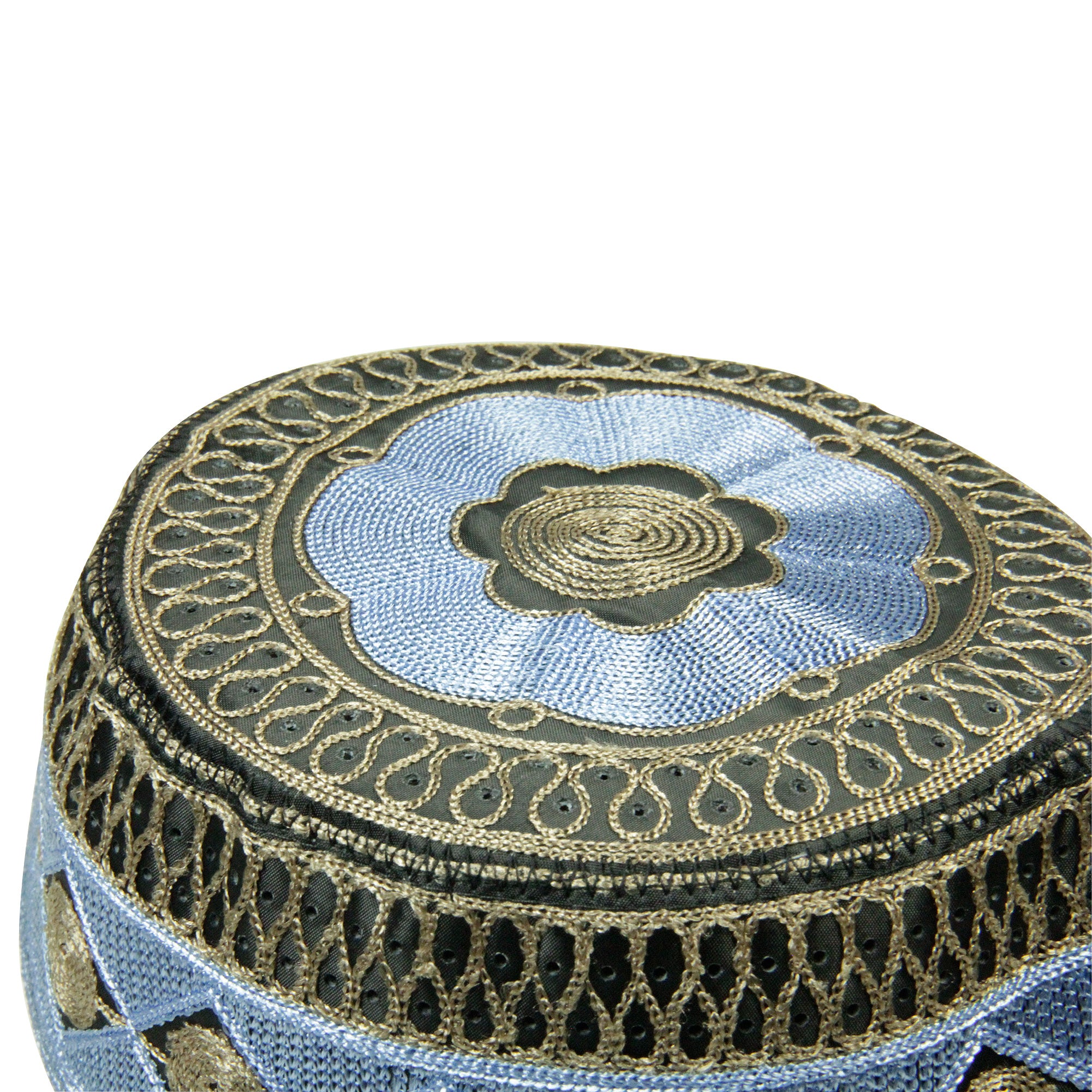 Blue and Brown Men's Hard Embroidered Kufi Skull Cap Topi with Diamond Border-22.5 - Hijaz