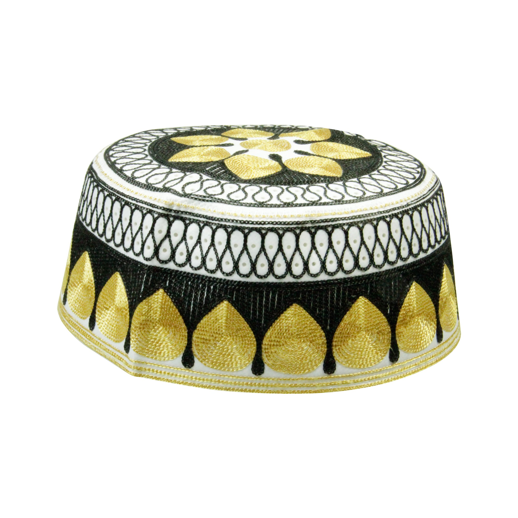 Black and Gold Men's Hard Embroidered Kufi Skull Cap Topi with Diamond Border-23 - Hijaz
