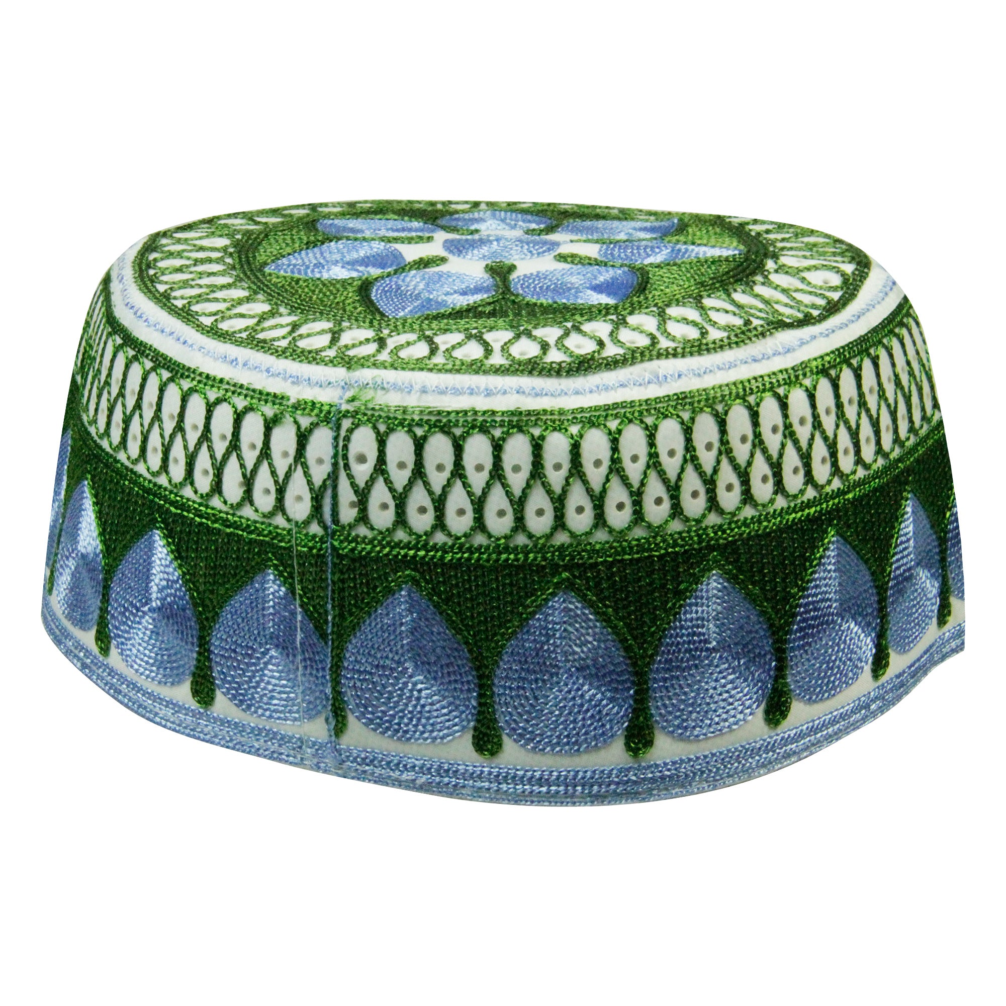 Blue and Green Men's Hard Embroidered Kufi Skull Cap Topi with Diamond Border - Hijaz