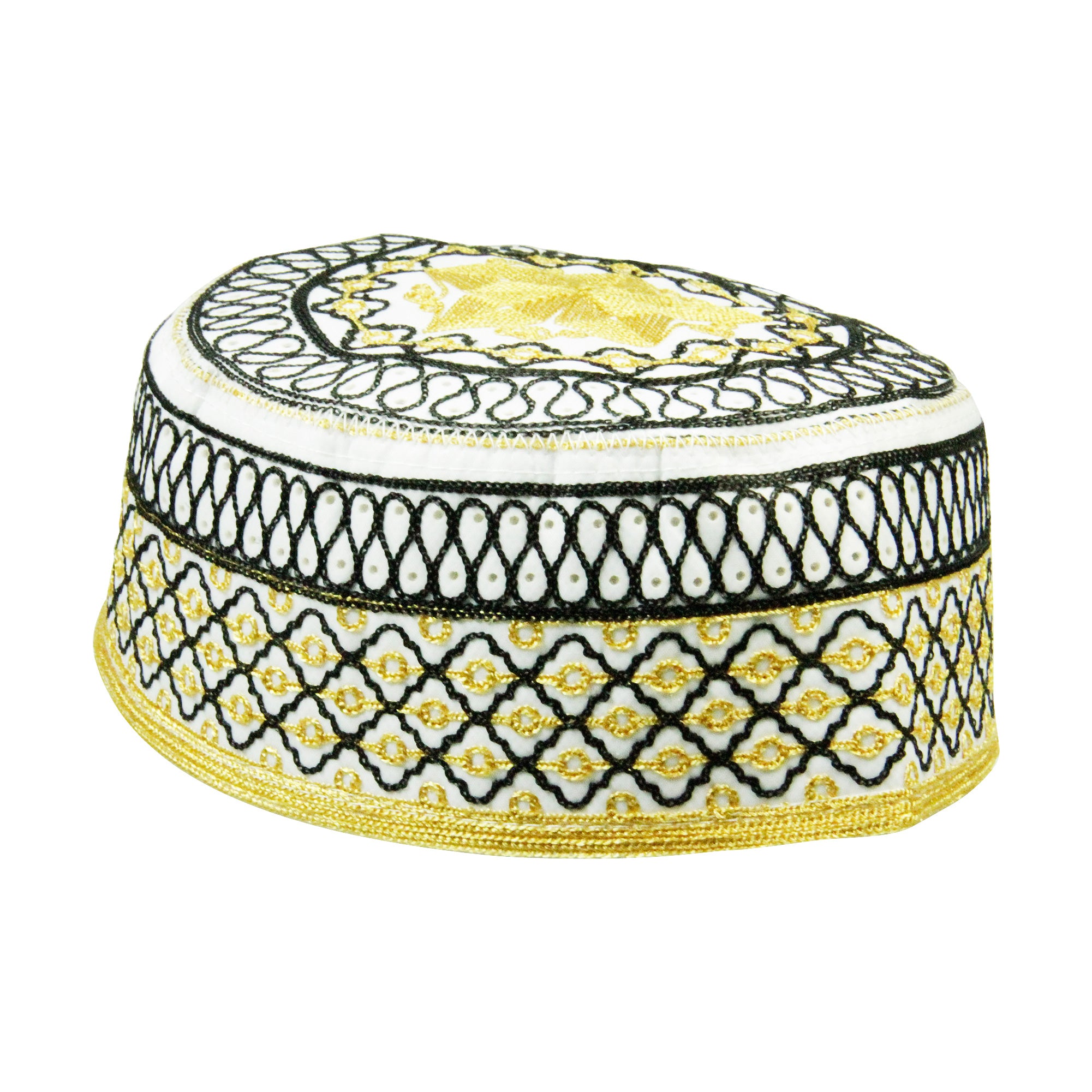 Black and Gold Men's Hard Embroidered Kufi Skull Cap Topi with Lotus Border - Hijaz