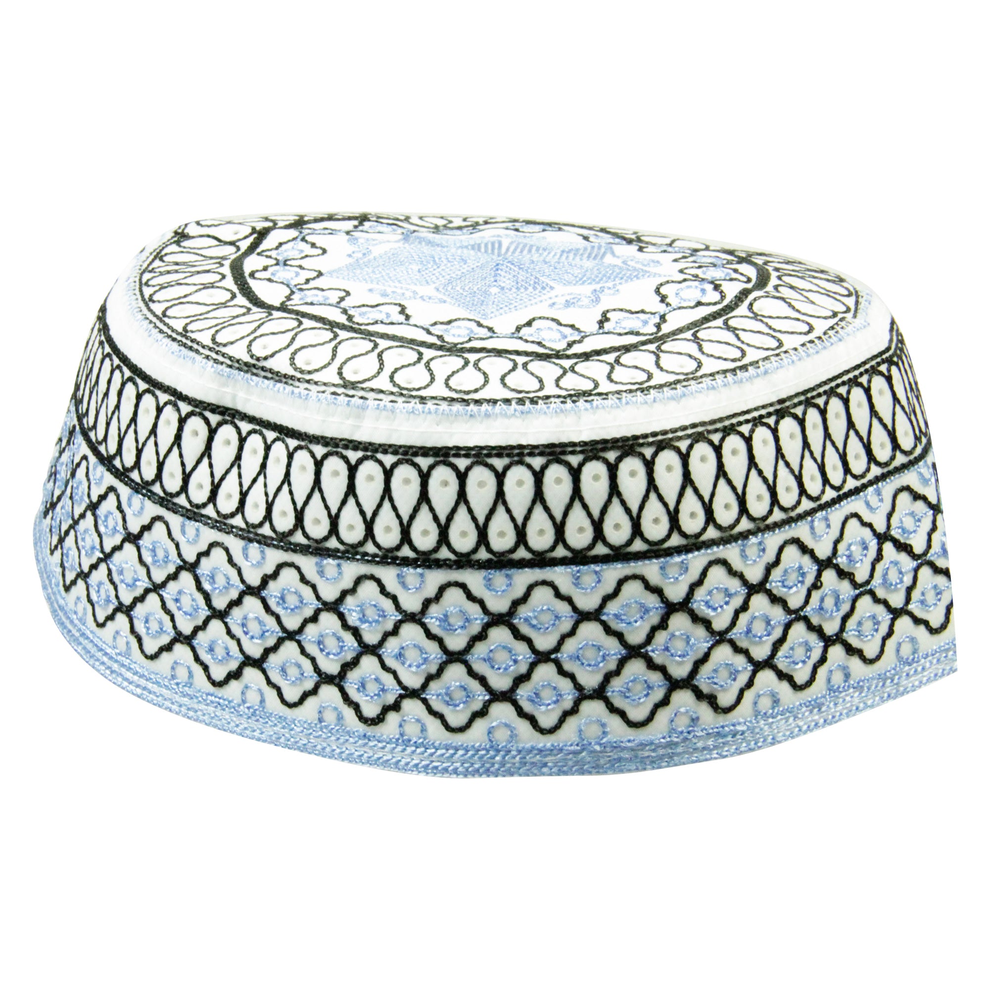 Black and Blue Men's Hard Embroidered Kufi Skull Cap Topi with Lotus Border - Hijaz