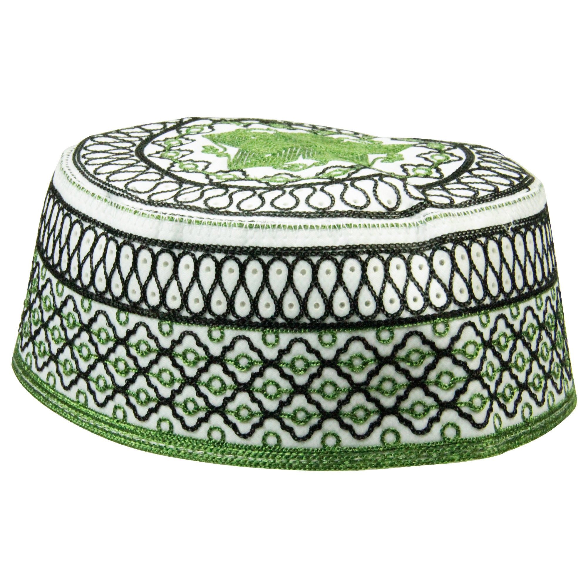 Black and Green Men's Hard Embroidered Kufi Skull Cap Topi with Lotus Border - Hijaz