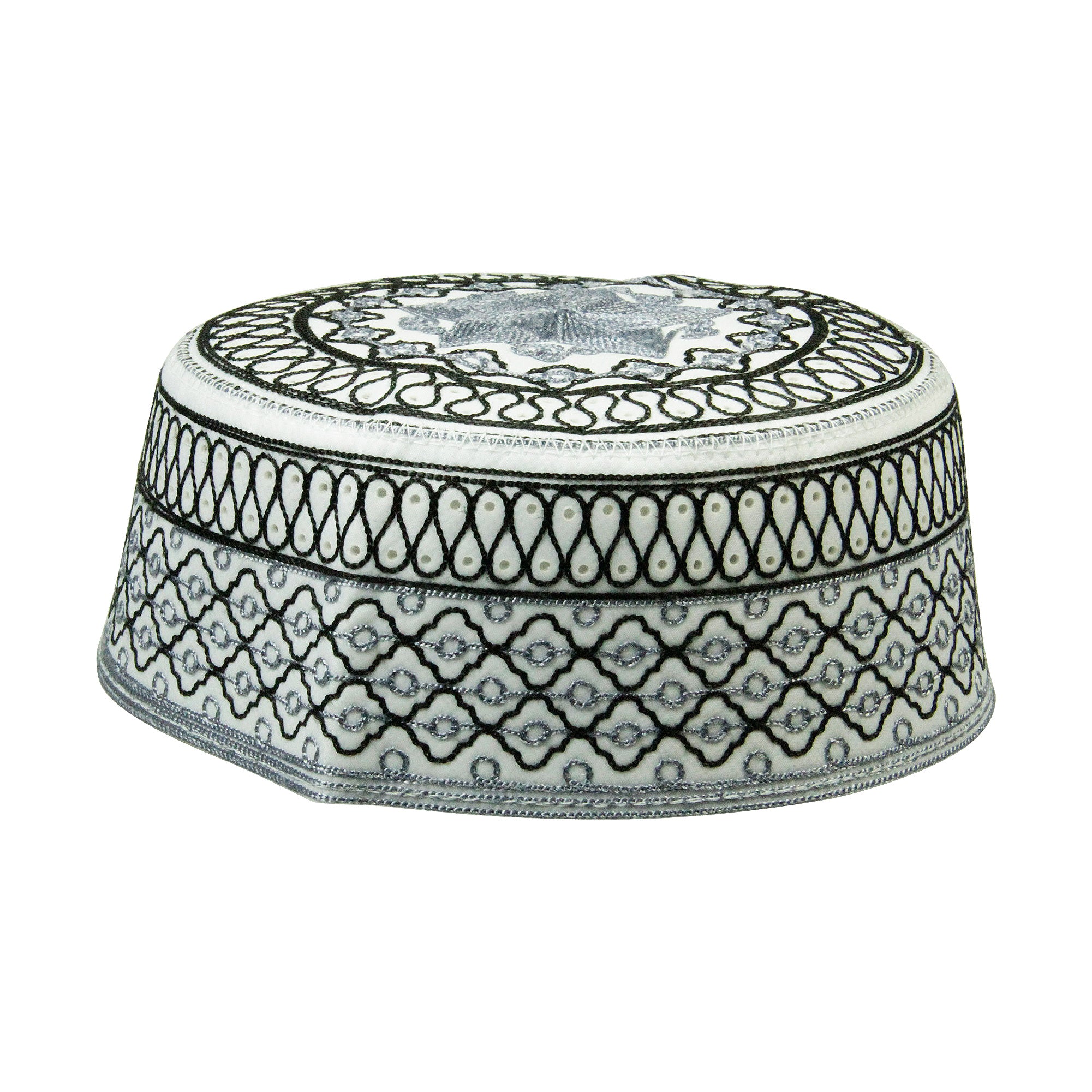 Black and Gray Men's Hard Embroidered Kufi Skull Cap Topi with Lotus Border - Hijaz