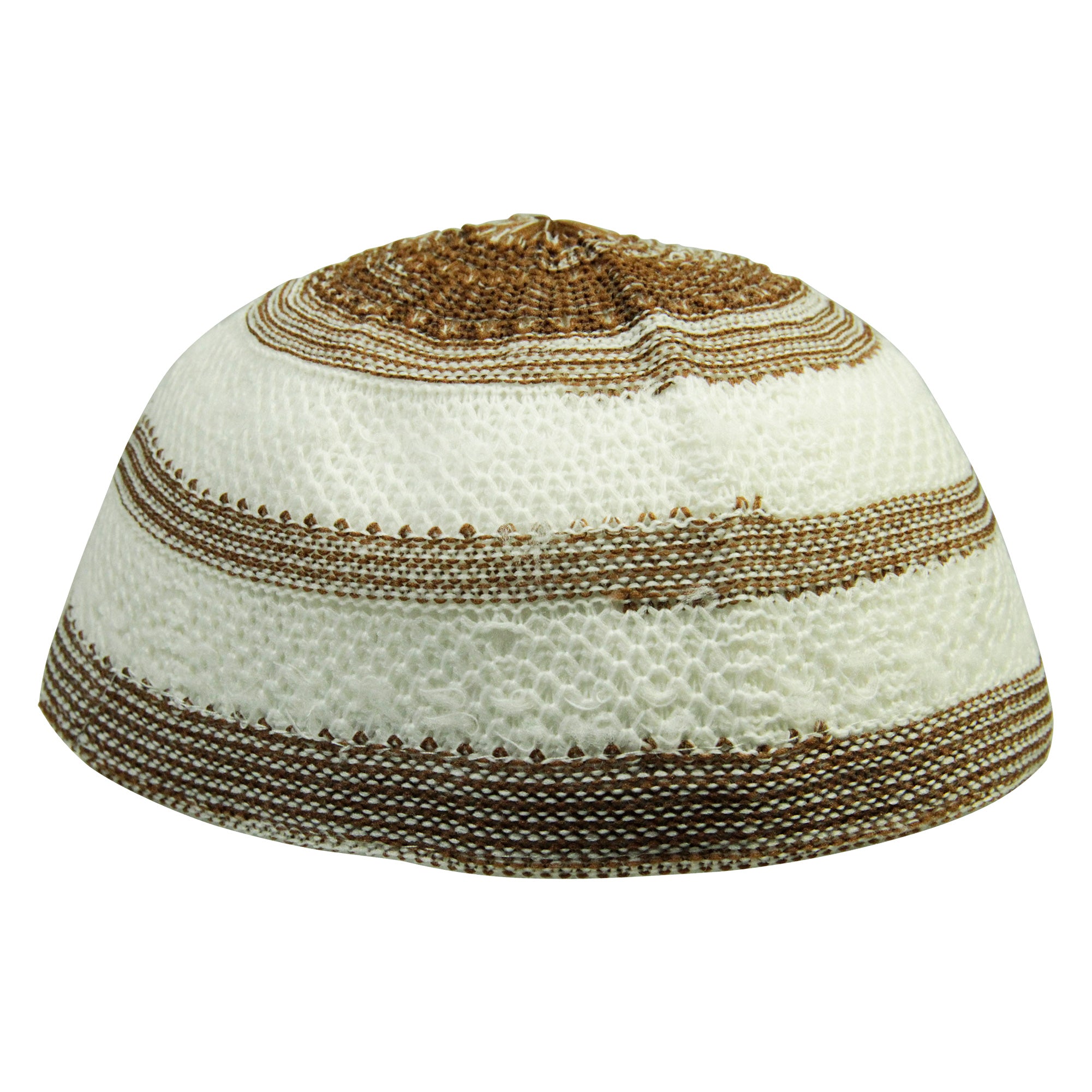 Brown and White Stretchable Knit Kufi Beanie Skull Cap Topi Stripe Design-21.5 - Hijaz