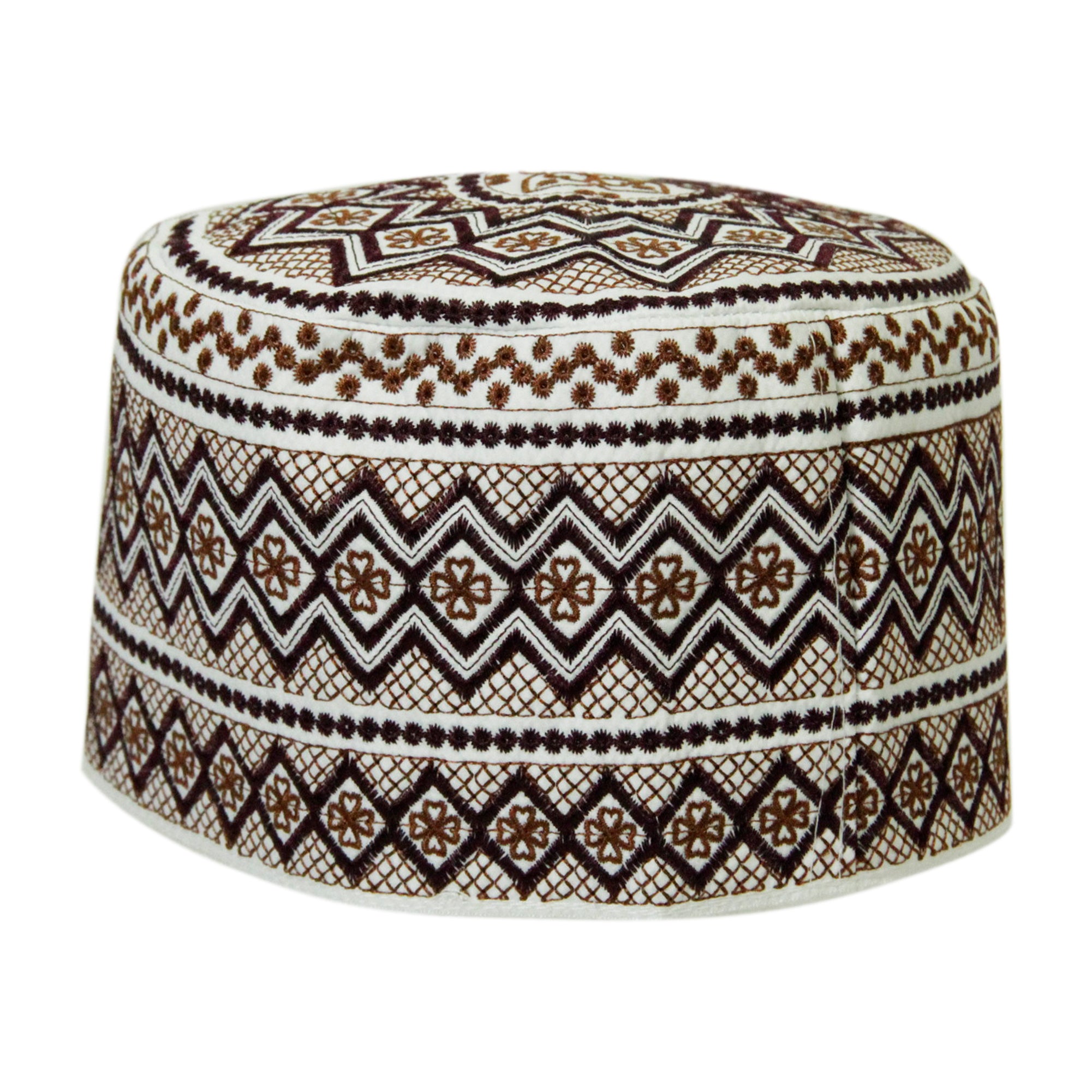 White with Brown Embroidery Omani Style Tall Hard Kufi Hat Skull Cap - Hijaz