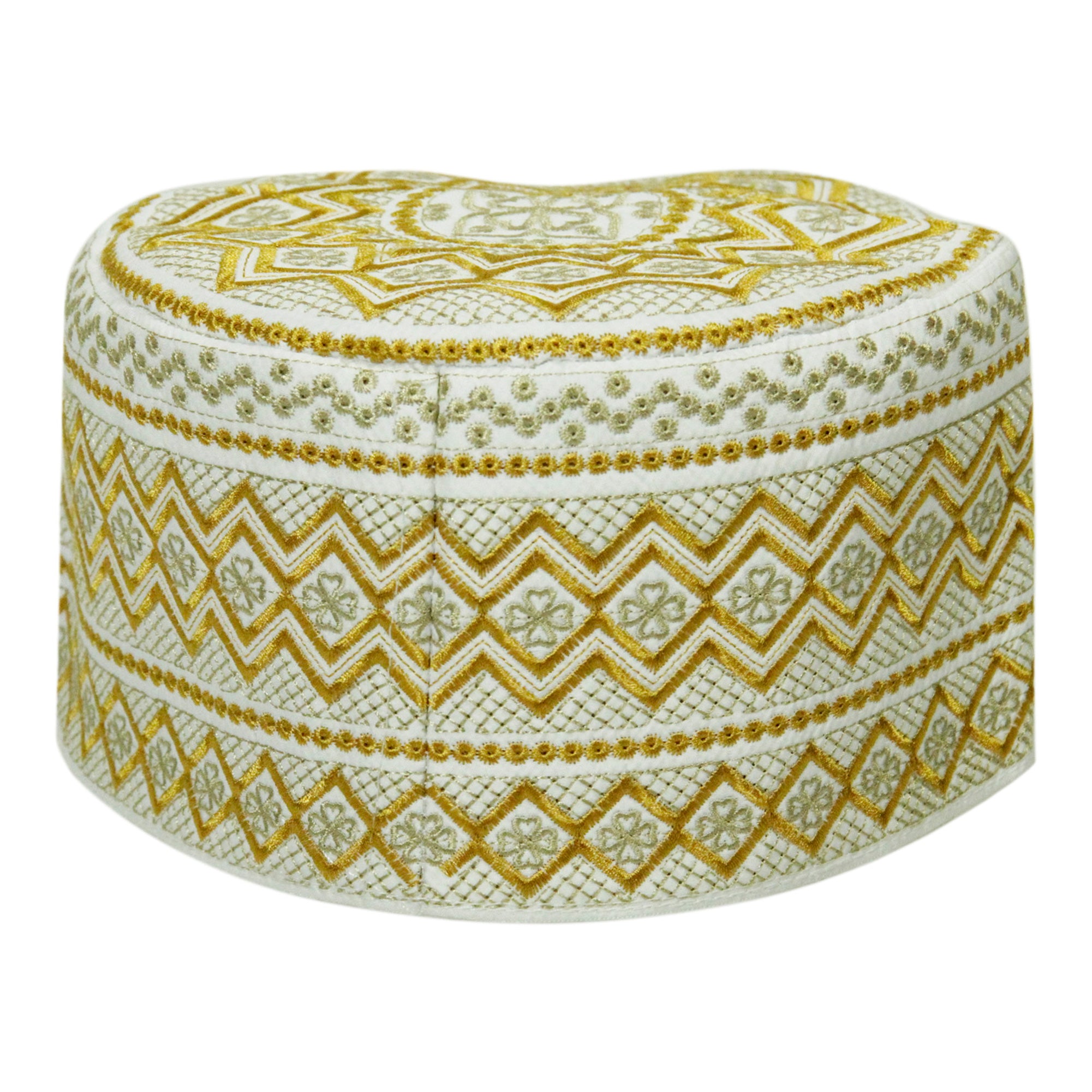 White with Gold Embroidery Omani Style Tall Hard Kufi Hat Skull Cap - Hijaz
