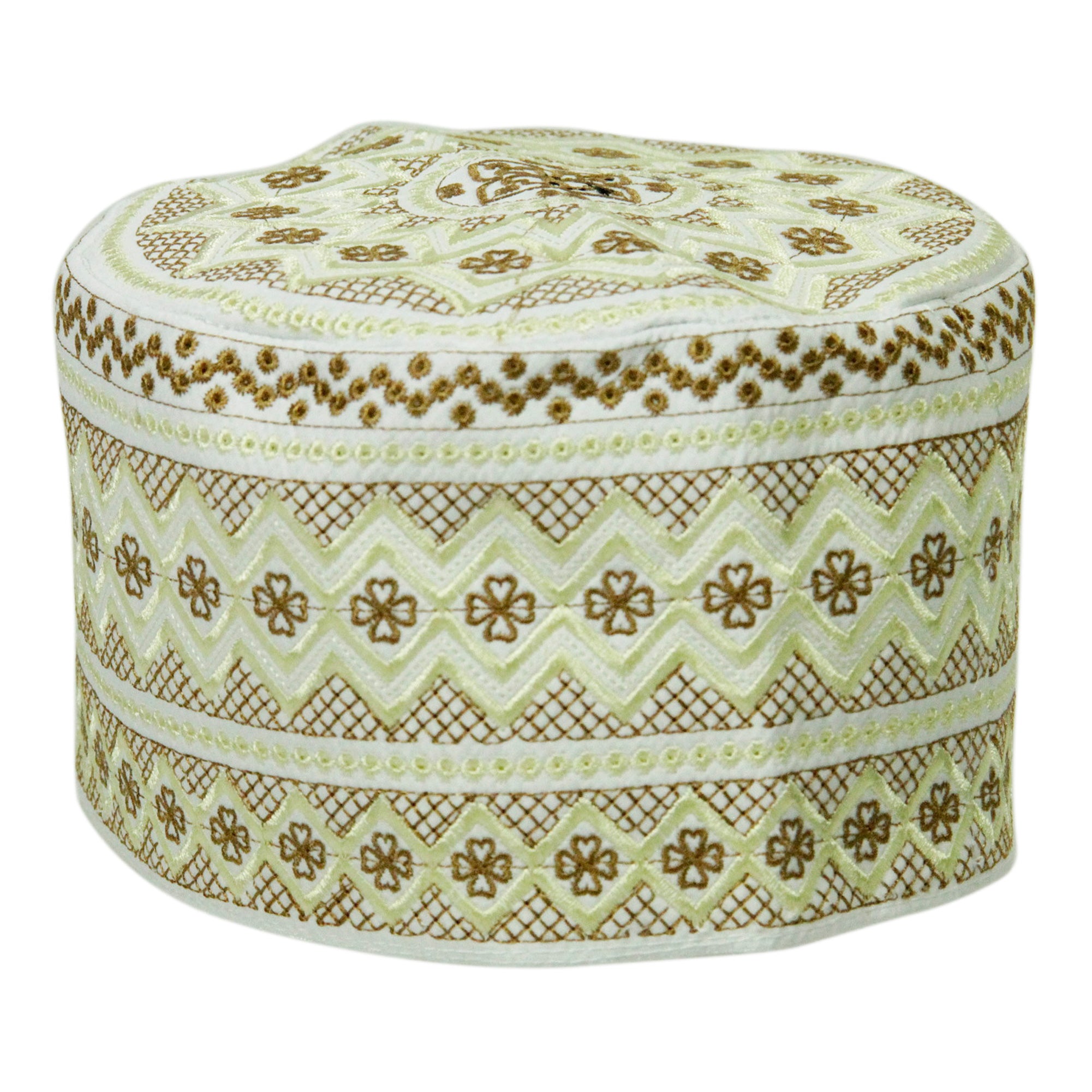 White with Tan Embroidery Omani Style Tall Hard Kufi Hat Skull Cap - Hijaz