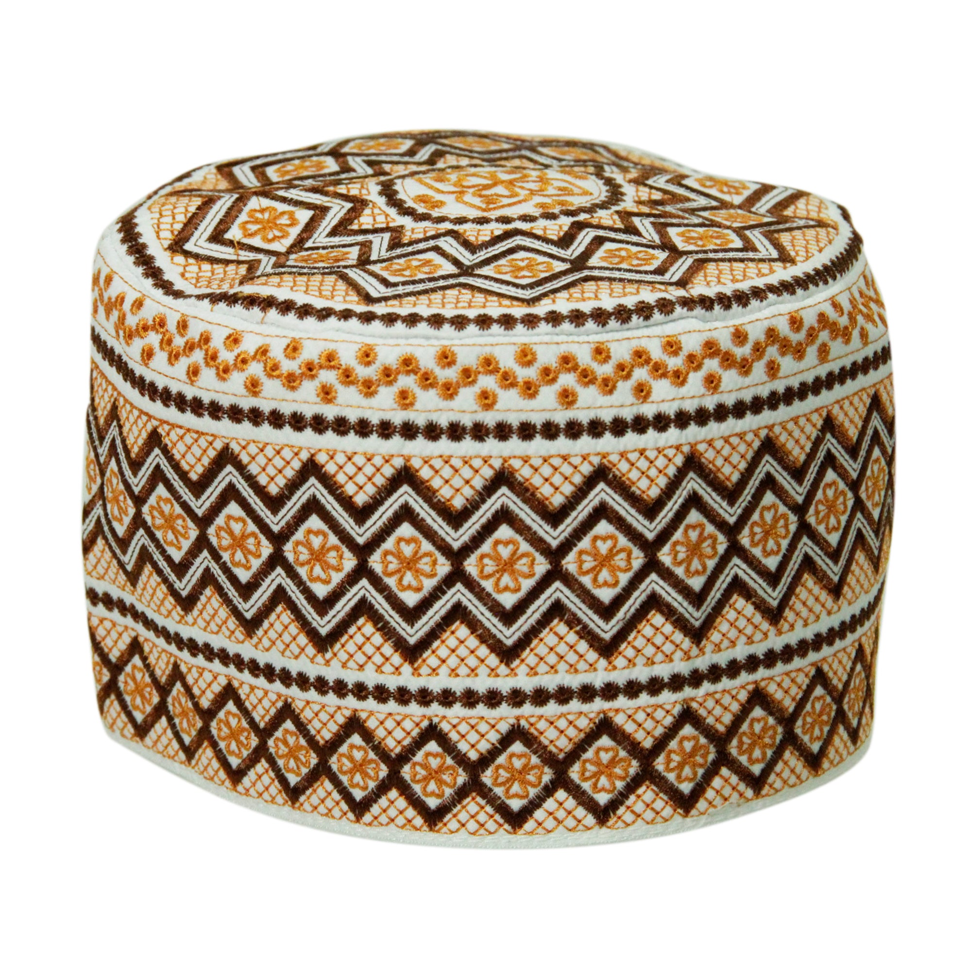 White with Orange Embroidery Omani Style Tall Hard Kufi Hat Skull Cap - Hijaz