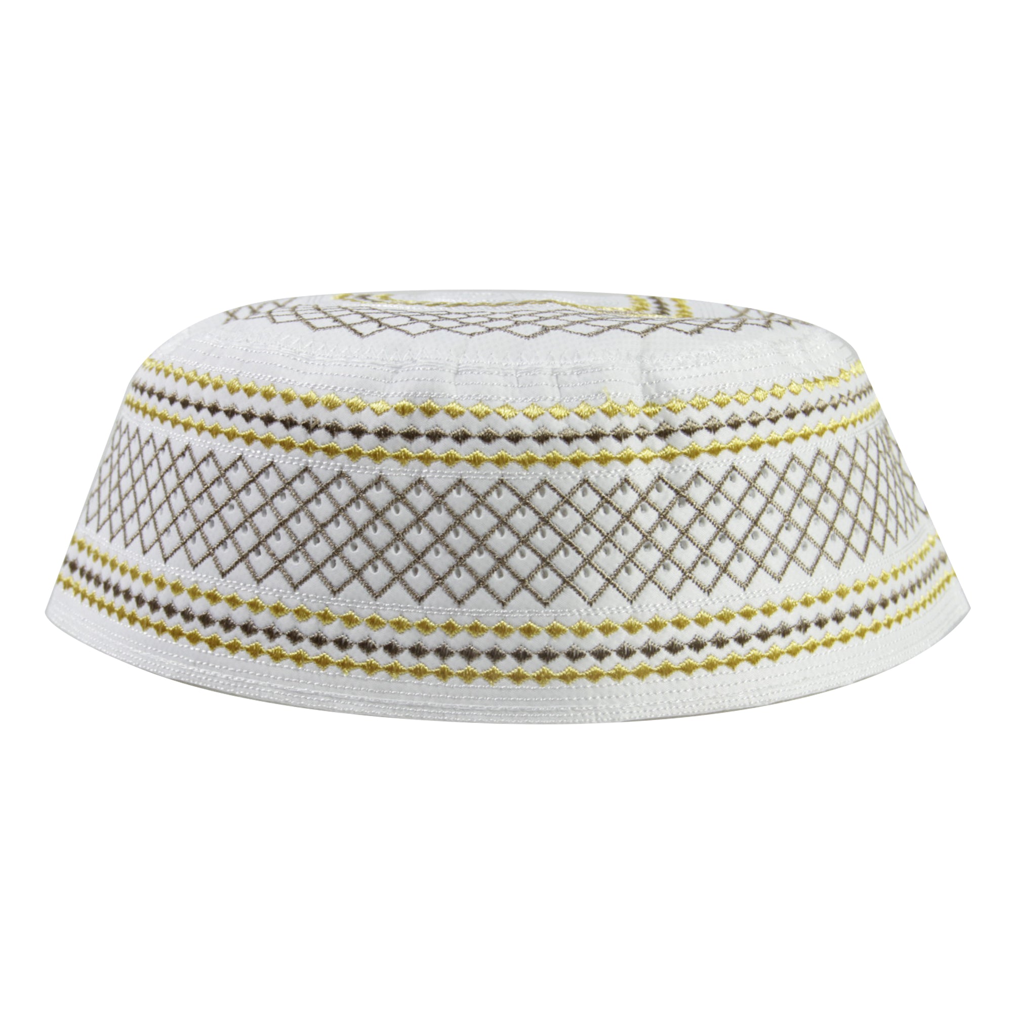 White Gold and Brown Diamond Stitch Men's Hard Kufi Hat Coofie Crown - Hijaz