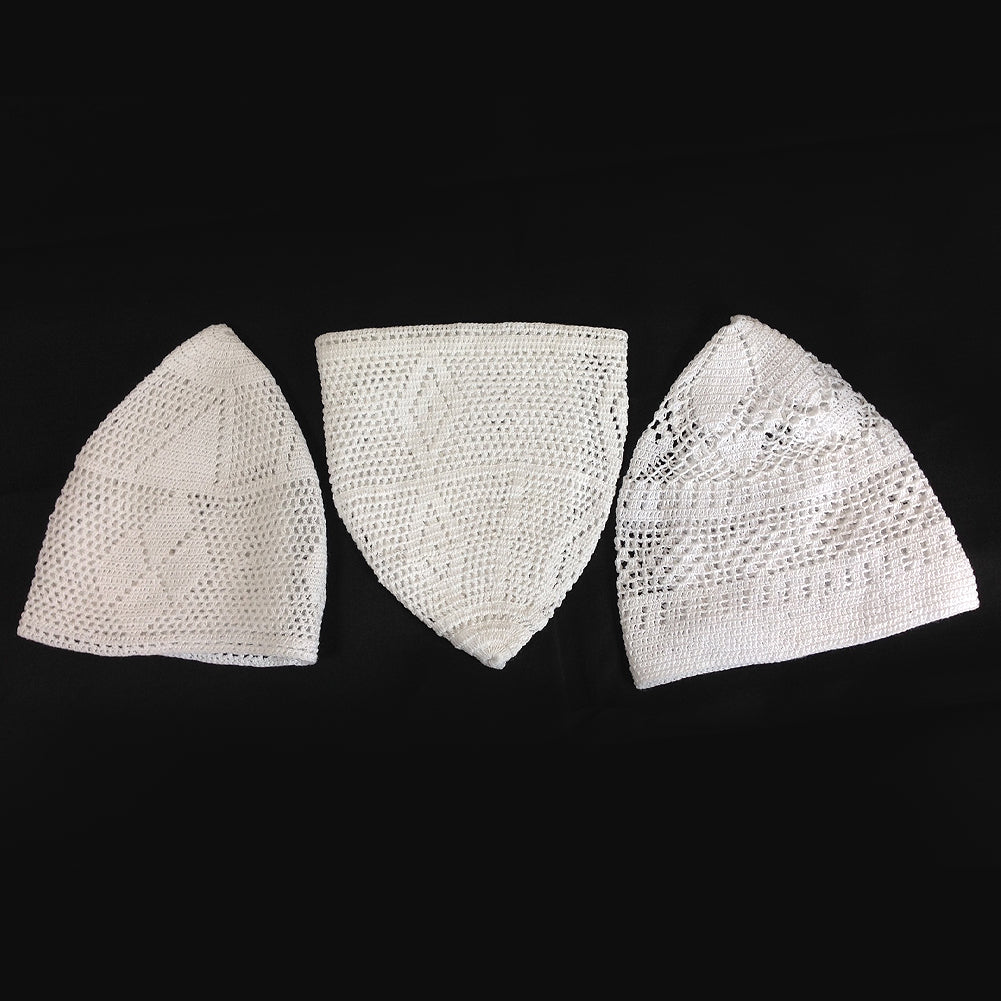 Men's Handcrafted Set of 3 Crochet Kufi Topi in White Swiss Cotton in Assorted Design and Size - Hijaz