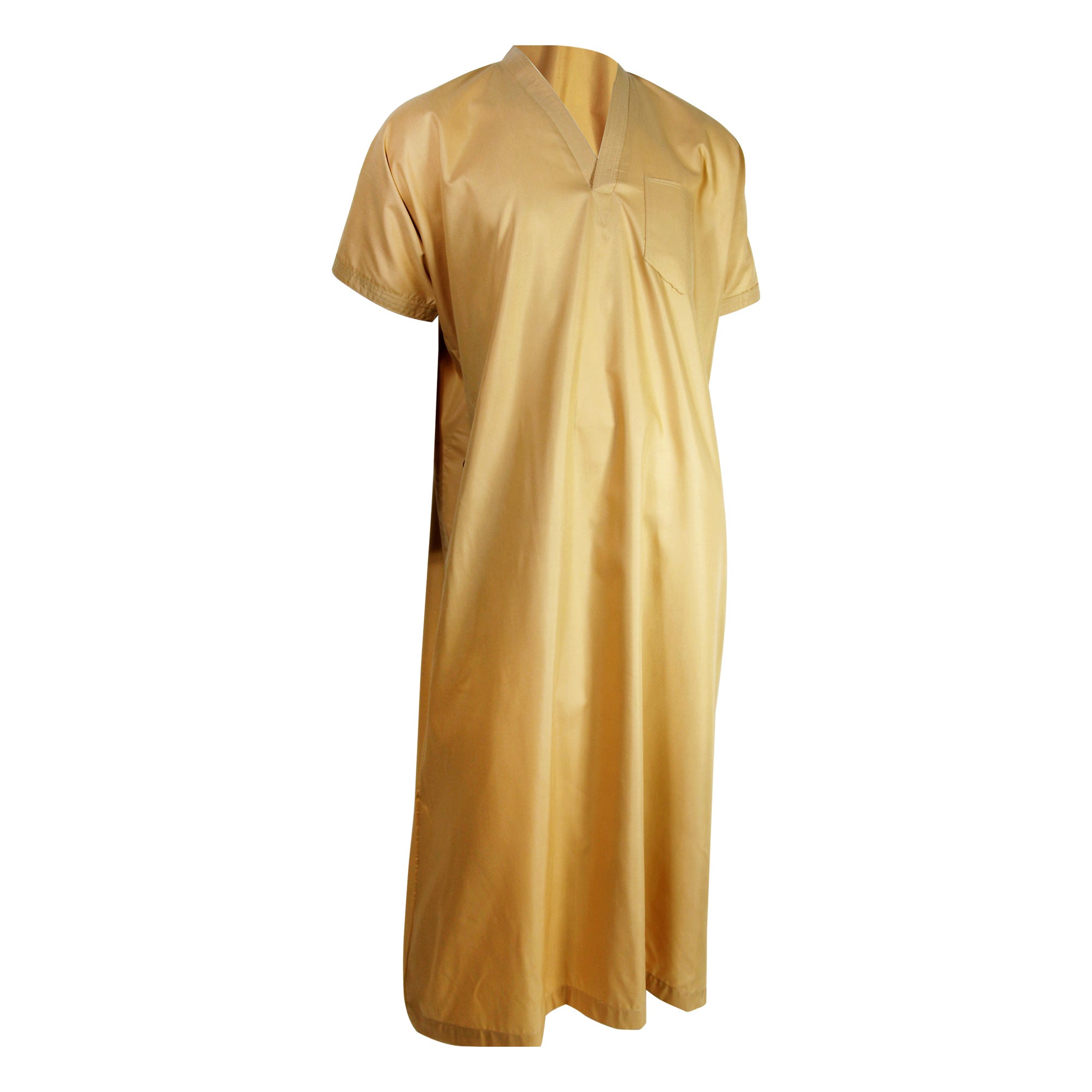 Gold V-Neck Short Sleeve Casual Cotton Men's Thobe Arab Robe Dishdasha - Hijaz