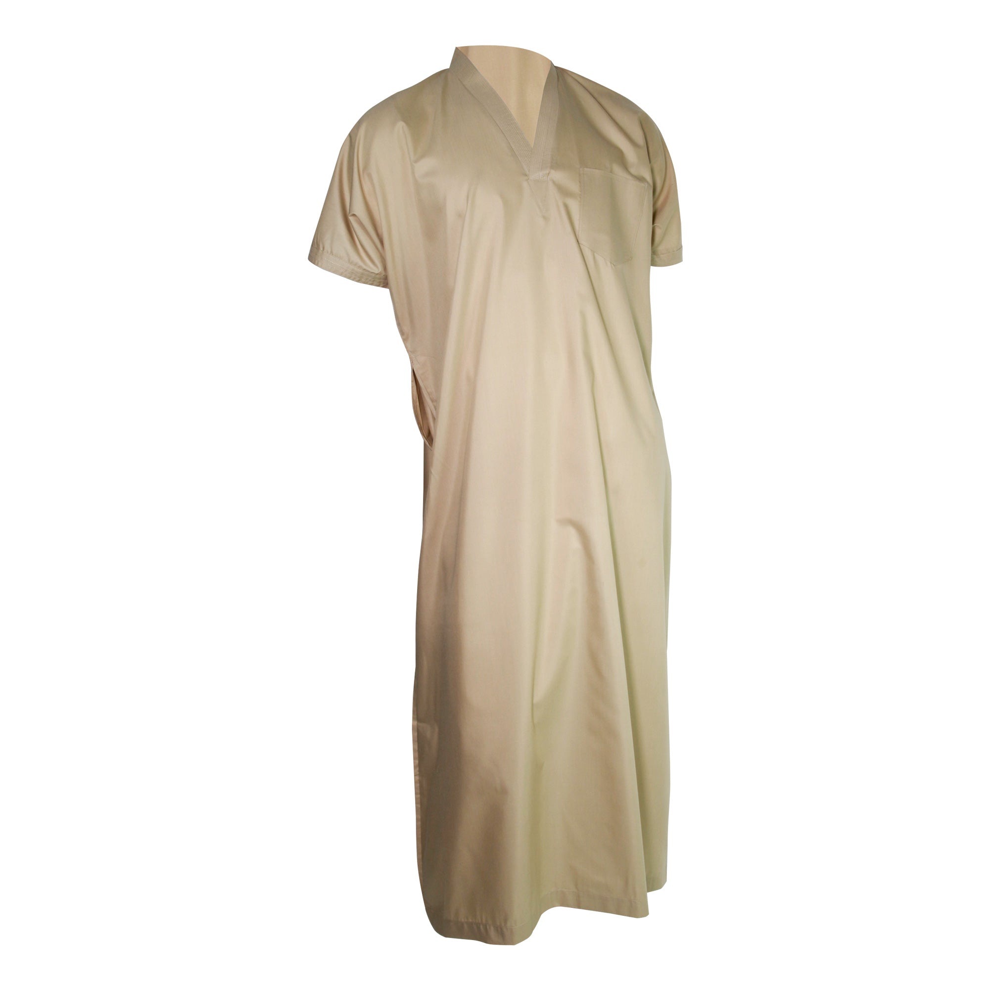 Tan V-Neck Short Sleeve Casual Cotton Men's Thobe Arab Robe Dishdasha - Hijaz