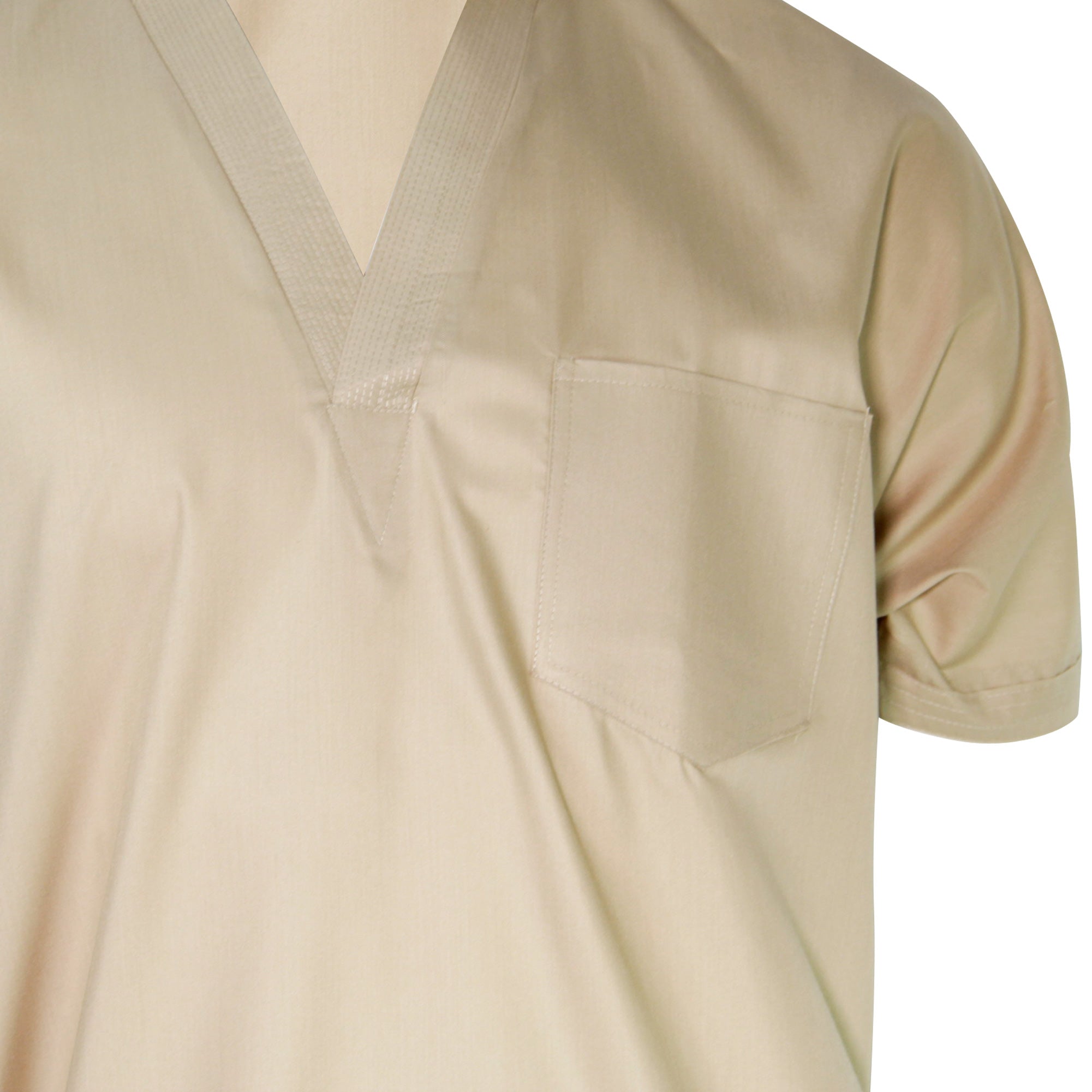 Tan V-Neck Short Sleeve Casual Cotton Men's Thobe Arab Robe Dishdasha - Hijaz