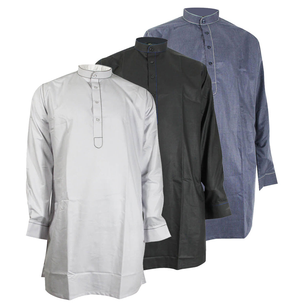 Plain Long Sleeve Casual Kurta Shirt with Stitching Design Collar - Hijaz