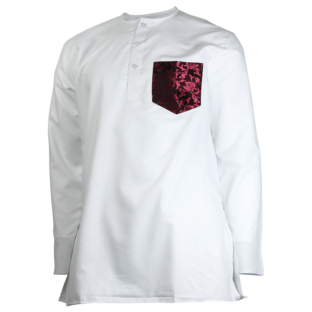 Men's Casual White Collarless Kurta with Reflective Floral Pink Pocket - Hijaz