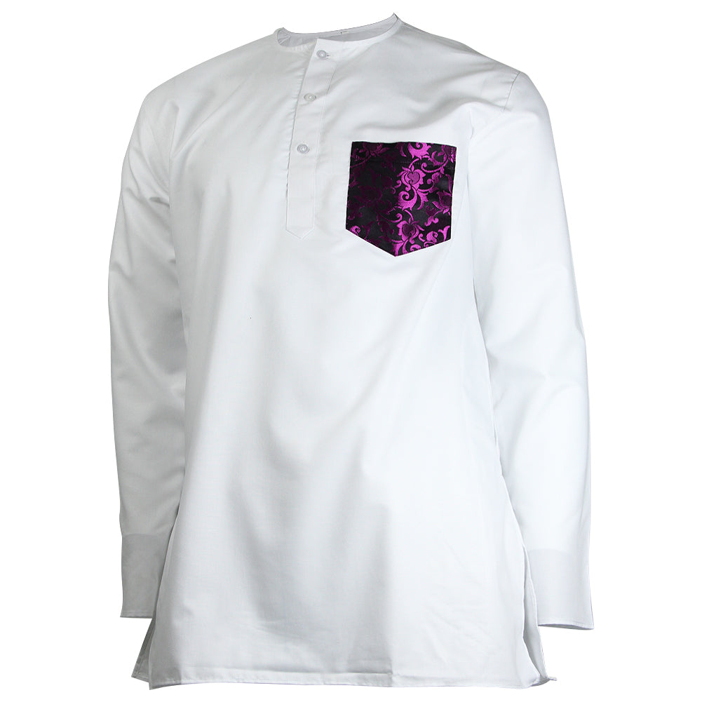 Men's Casual White Collarless Kurta with Reflective Floral Purple Pocket - Hijaz