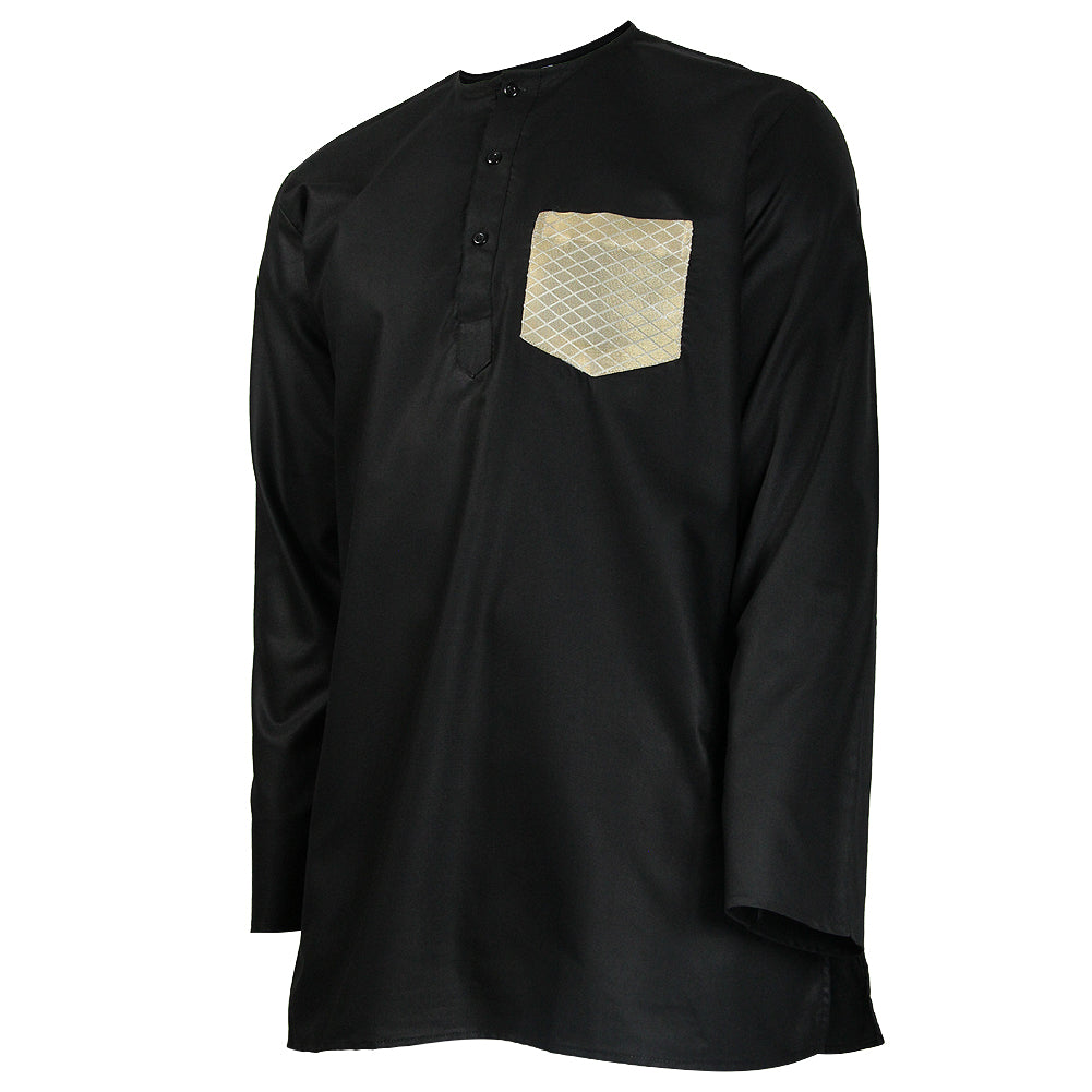 Men's Casual Black Collarless Kurta with Reflective Diamond Stich Gold Color Pocket - Hijaz