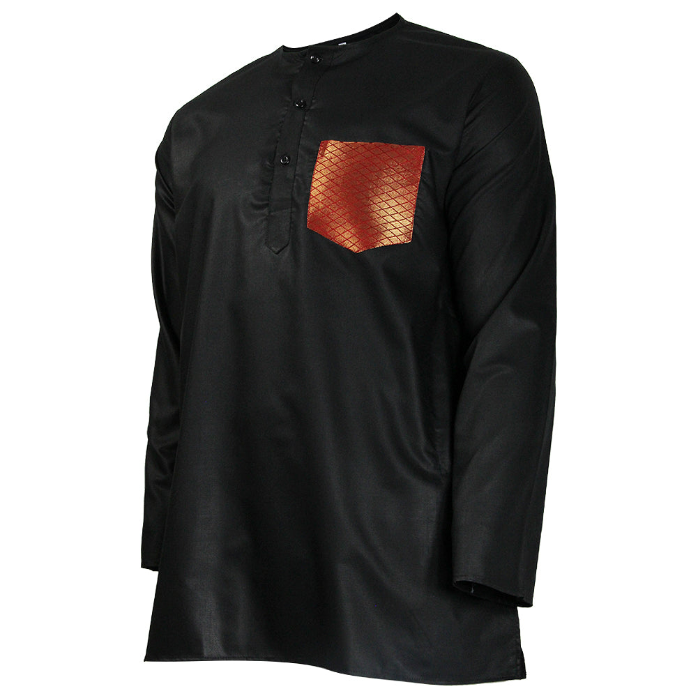 Men's Casual Black Collarless Kurta with Reflective Diamond Stich Red Pocket - Hijaz