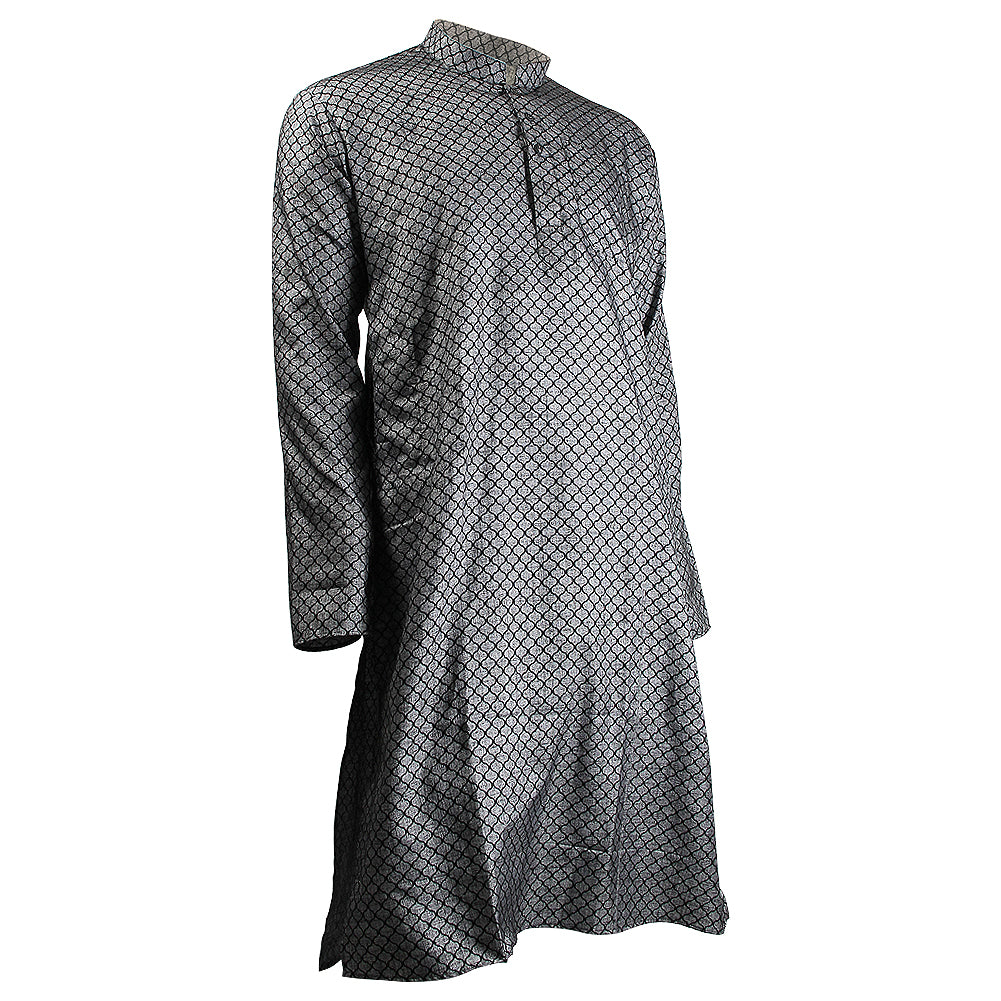 Mandarin Collar Gray Black Lantern Print Men's Long Sleeve Cotton Kurta - Hijaz