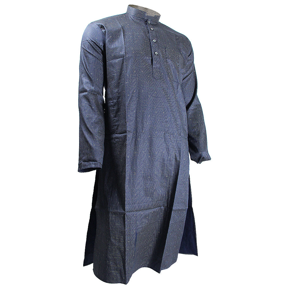 Mandarin Collar Blue Maze Print Men's Long Sleeve Casual Egyptian Cotton Kurta - Hijaz