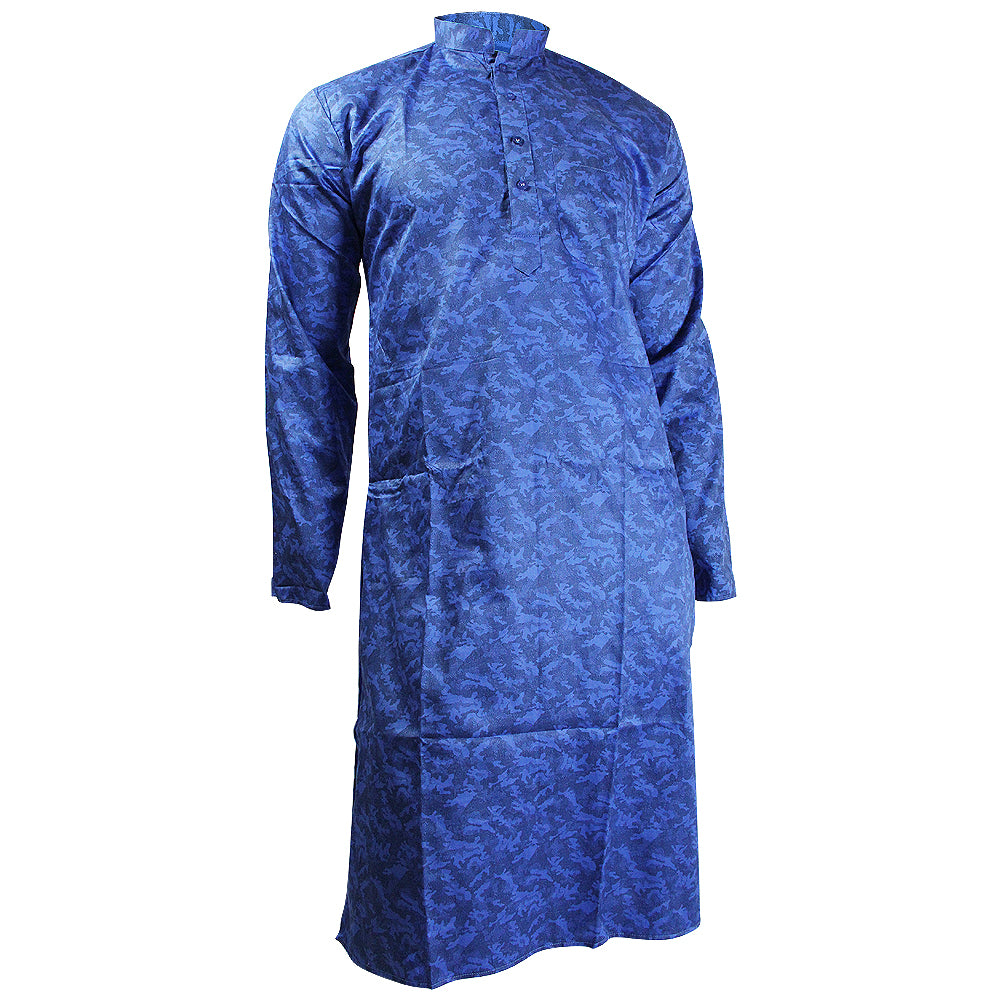 Mandarin Collar Blue Camo Print Men's Long Sleeve Casual Egyptian Cotton Kurta - Hijaz