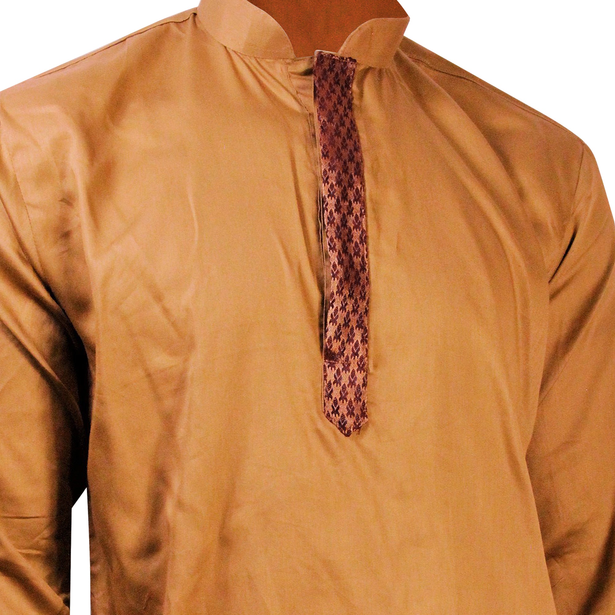 Tan Brocade Accented Men's Short Cotton Kurta with Mandarin Collar - Hijaz