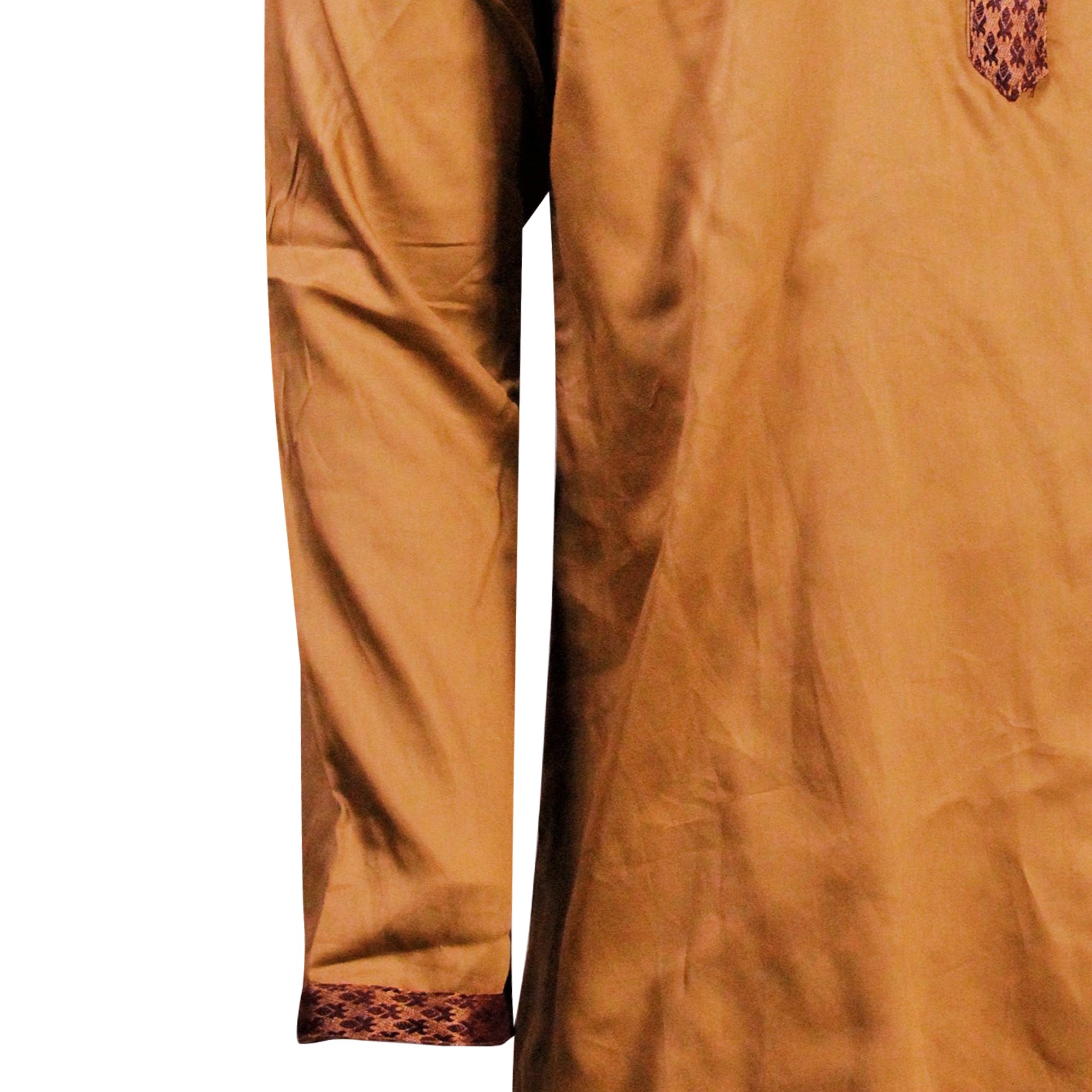 Tan Brocade Accented Men's Short Cotton Kurta with Mandarin Collar - Hijaz
