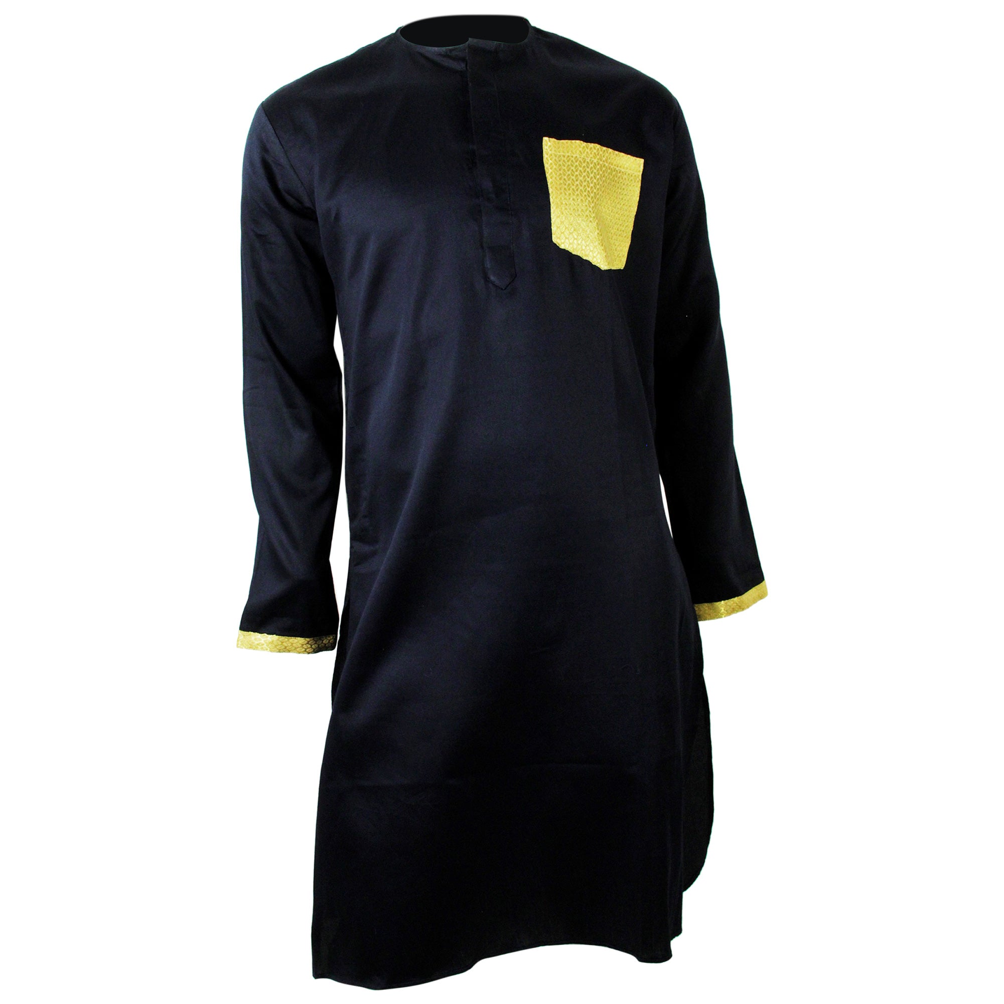 Men's Black long Casual Cotton Kurta with Brocade Pocket and Cuff Accents - Hijaz
