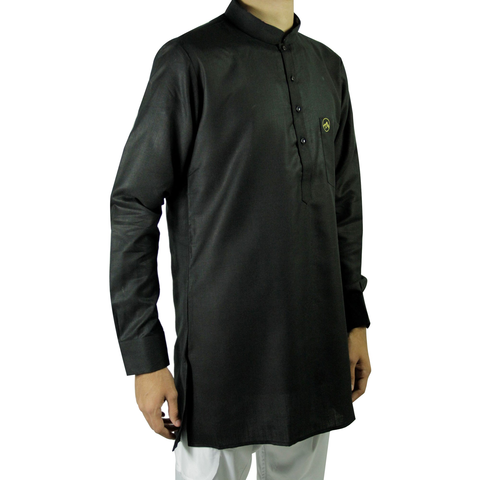 Men's Black Modern Casual Cotton Asian Kurta Shirt With Accent Cuffs - Hijaz